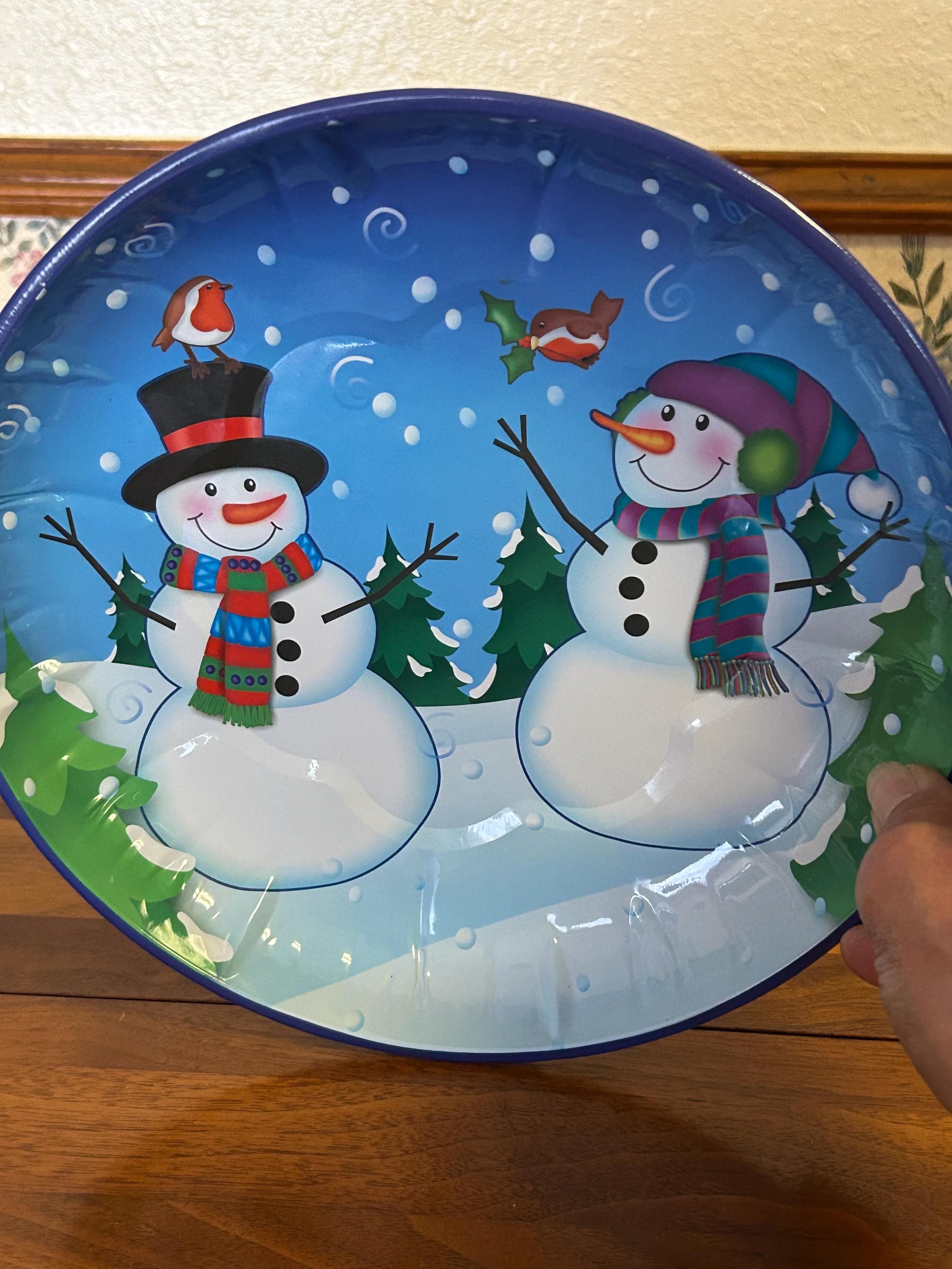Vintage Christmas Snowman Plate Tin 10" Round - Holiday Storage Container