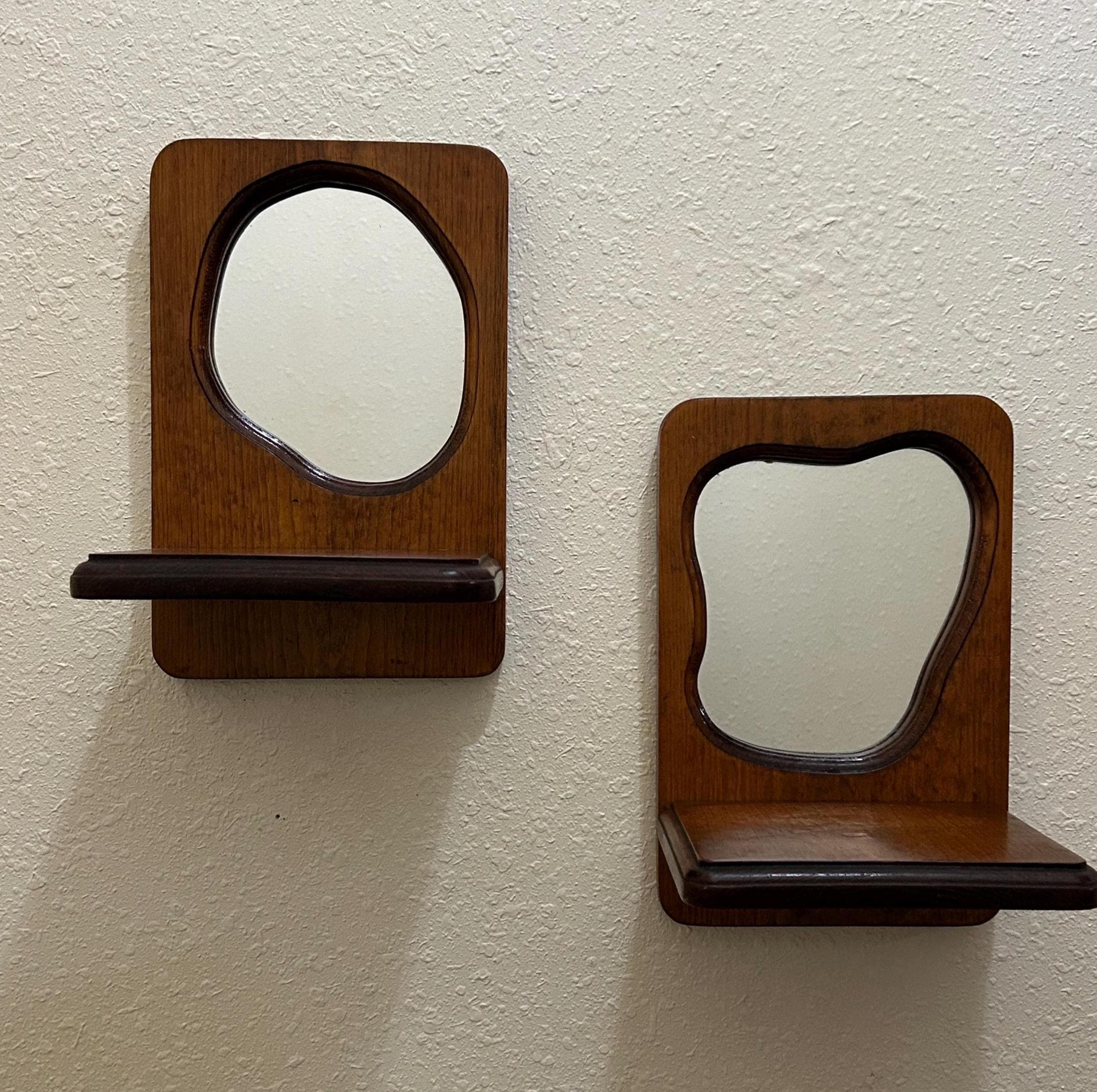 Vintage Wooden Wall Mirrors with Shelves 11" Tall - Curved Rustic Design