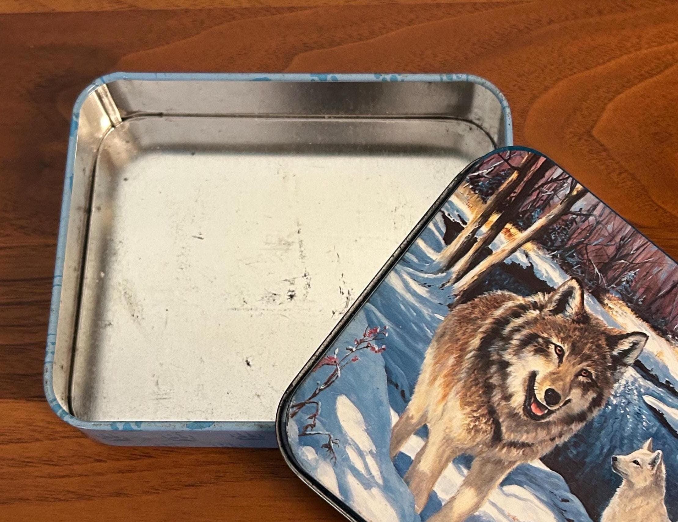 Vintage Wolf Scene Tin Box 4 3/4" - Winter Wolves Metal Storage