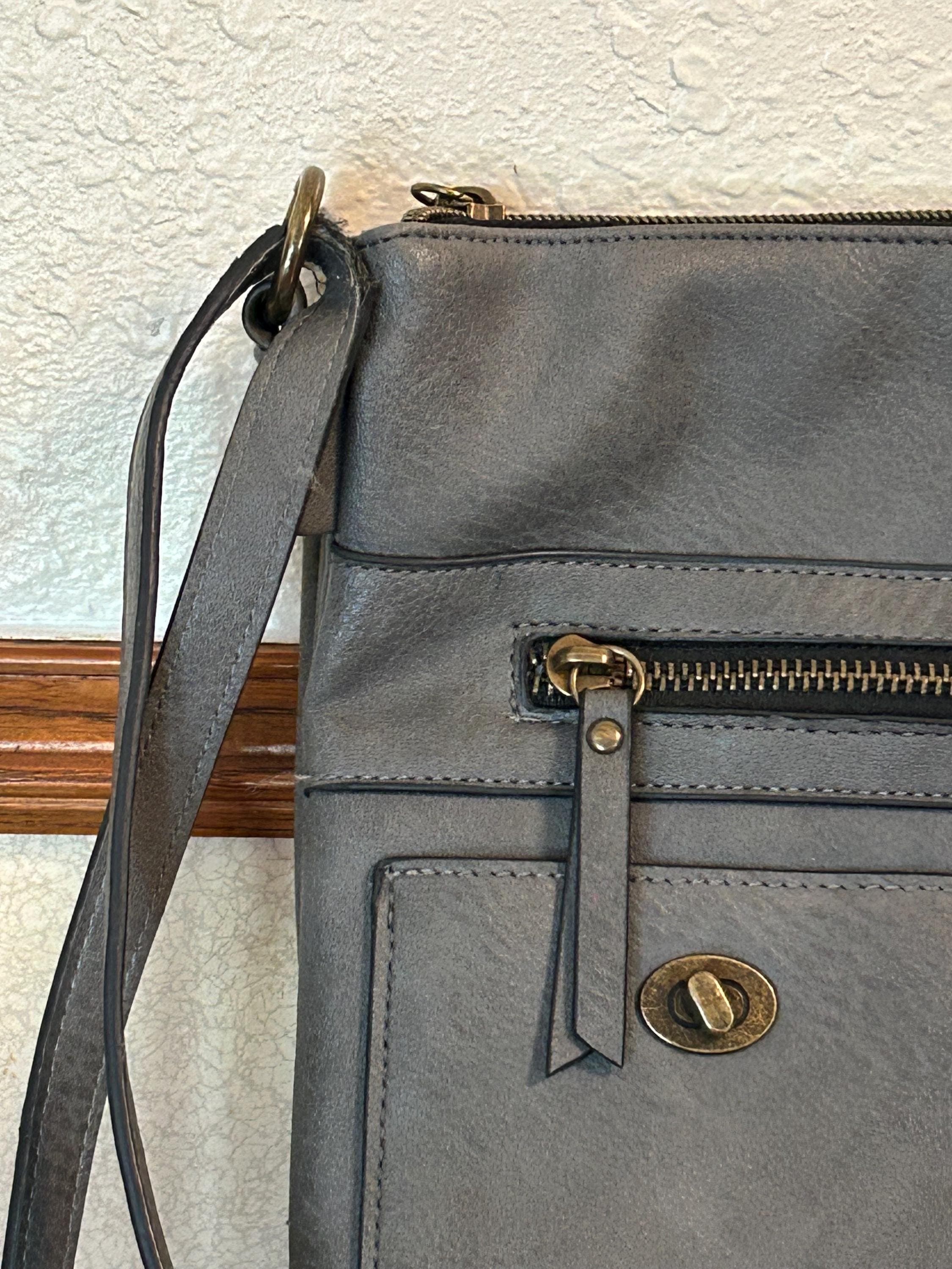 Gray Crossbody Purse 8" x 10" - Multi Pocket Handbag - Soft Leather Look, Adjustable Strap