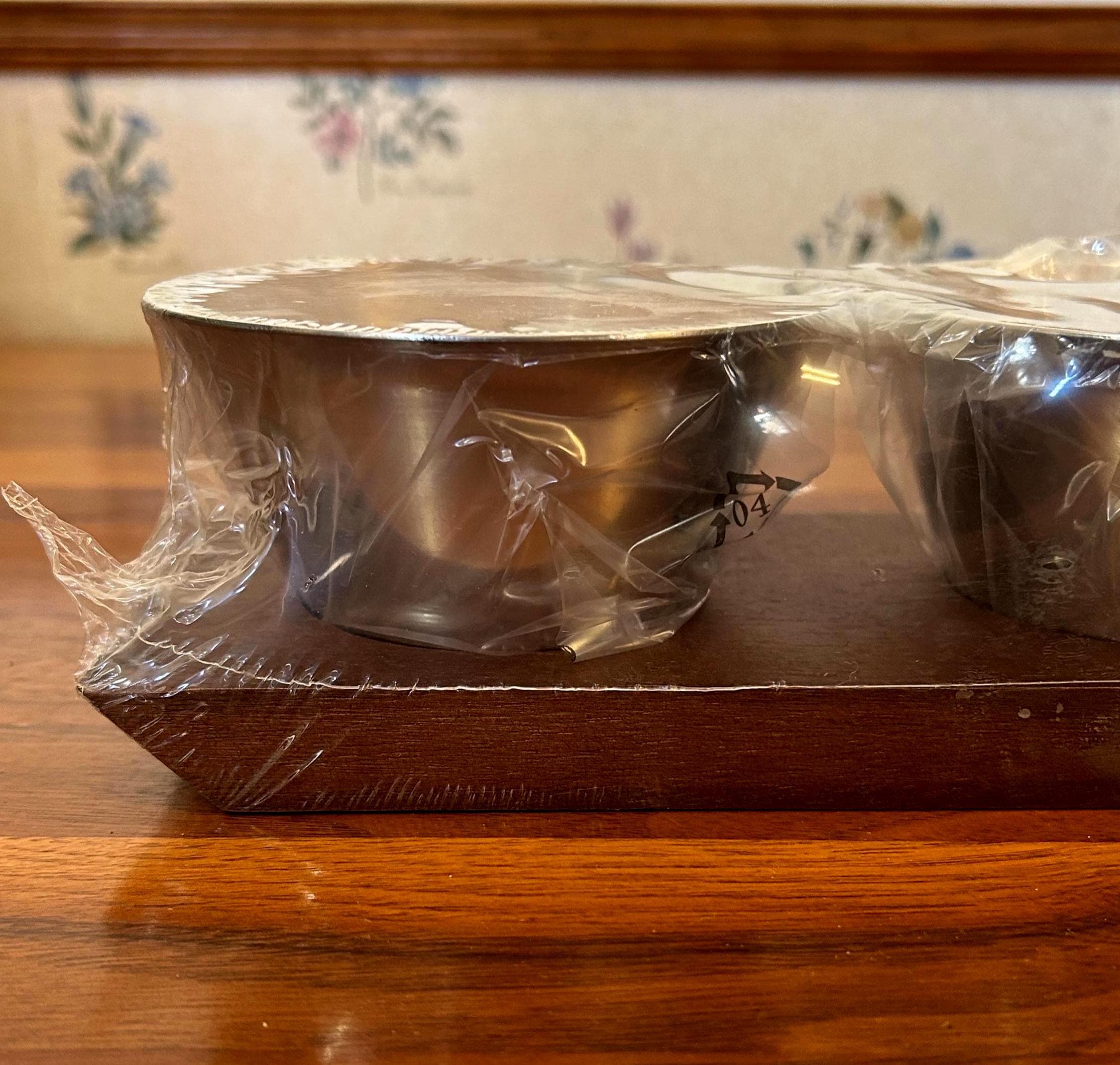 3 Metal Bowls on Wood Serving Tray 15" - Brand New