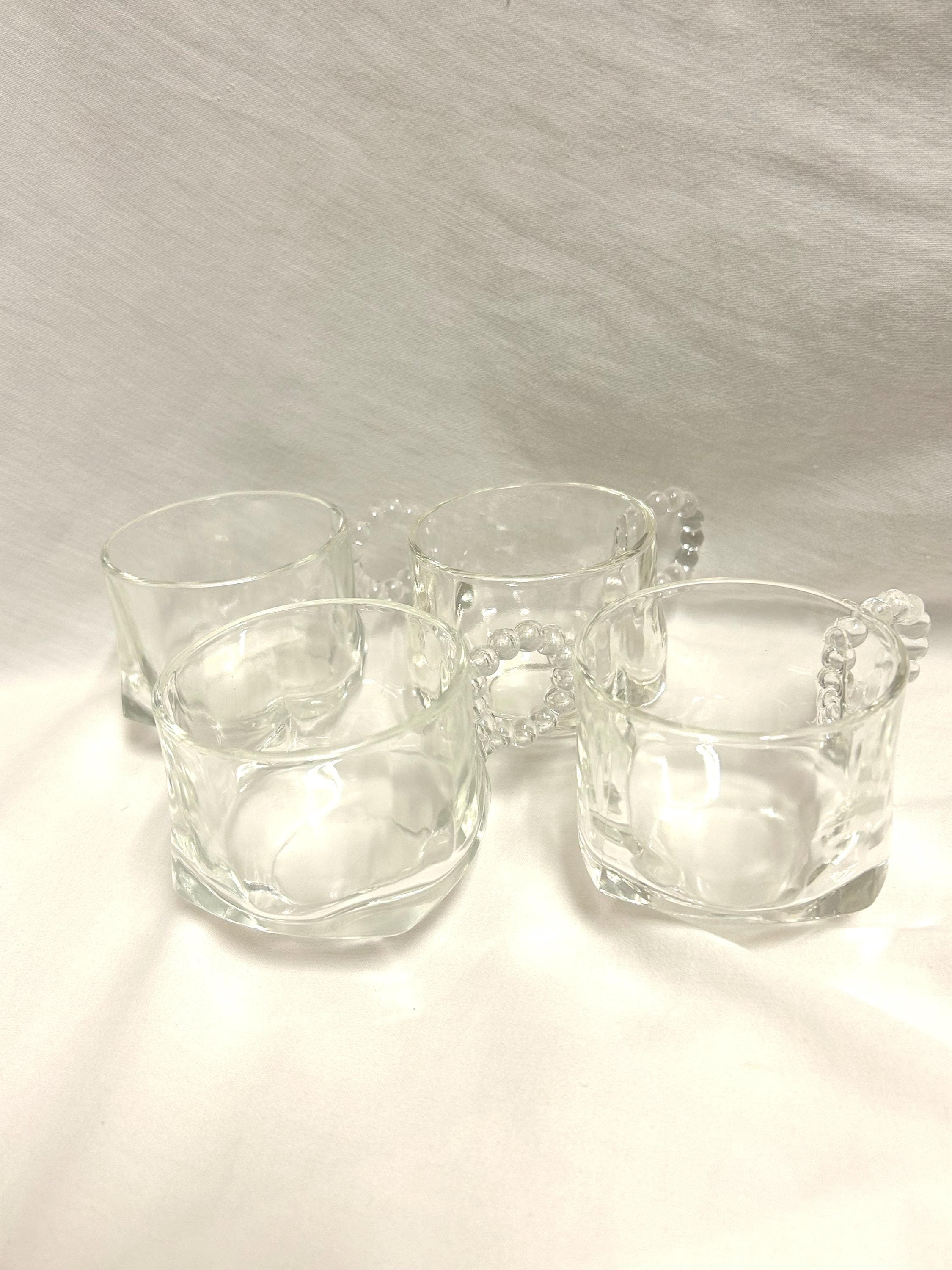 Vintage Hazel Atlas Set of 4 Clear Glass CUPS for eggnog espresso coffee hot chocolate punch 2 1/2" tall Beautiful BEADED HANDLES 1950's