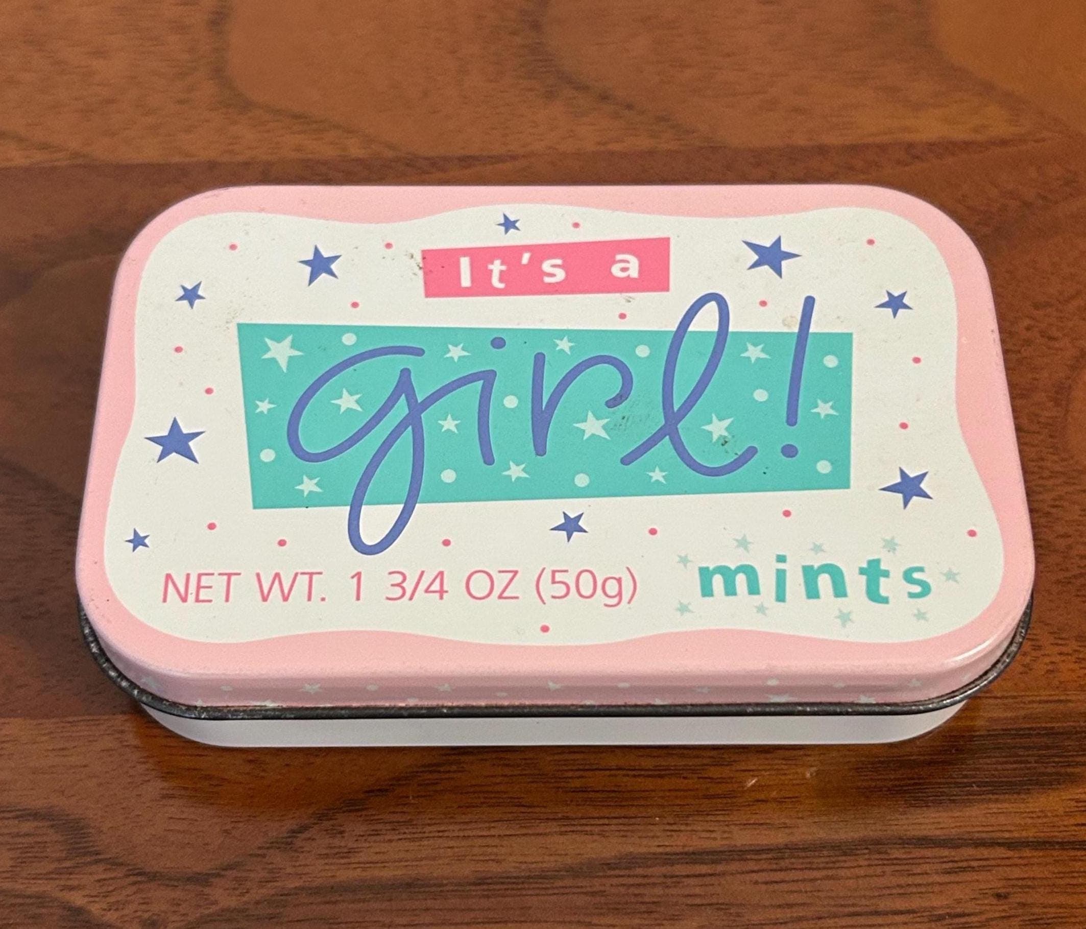 Vintage It's a Girl Mints Tin 3 3/4" - Pink Baby Shower Keepsake
