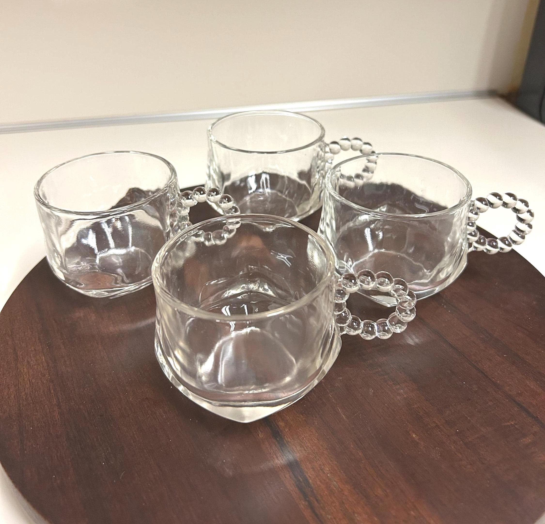 Vintage Hazel Atlas Set of 4 Clear Glass CUPS for eggnog espresso coffee hot chocolate punch 2 1/2" tall Beautiful BEADED HANDLES 1950's