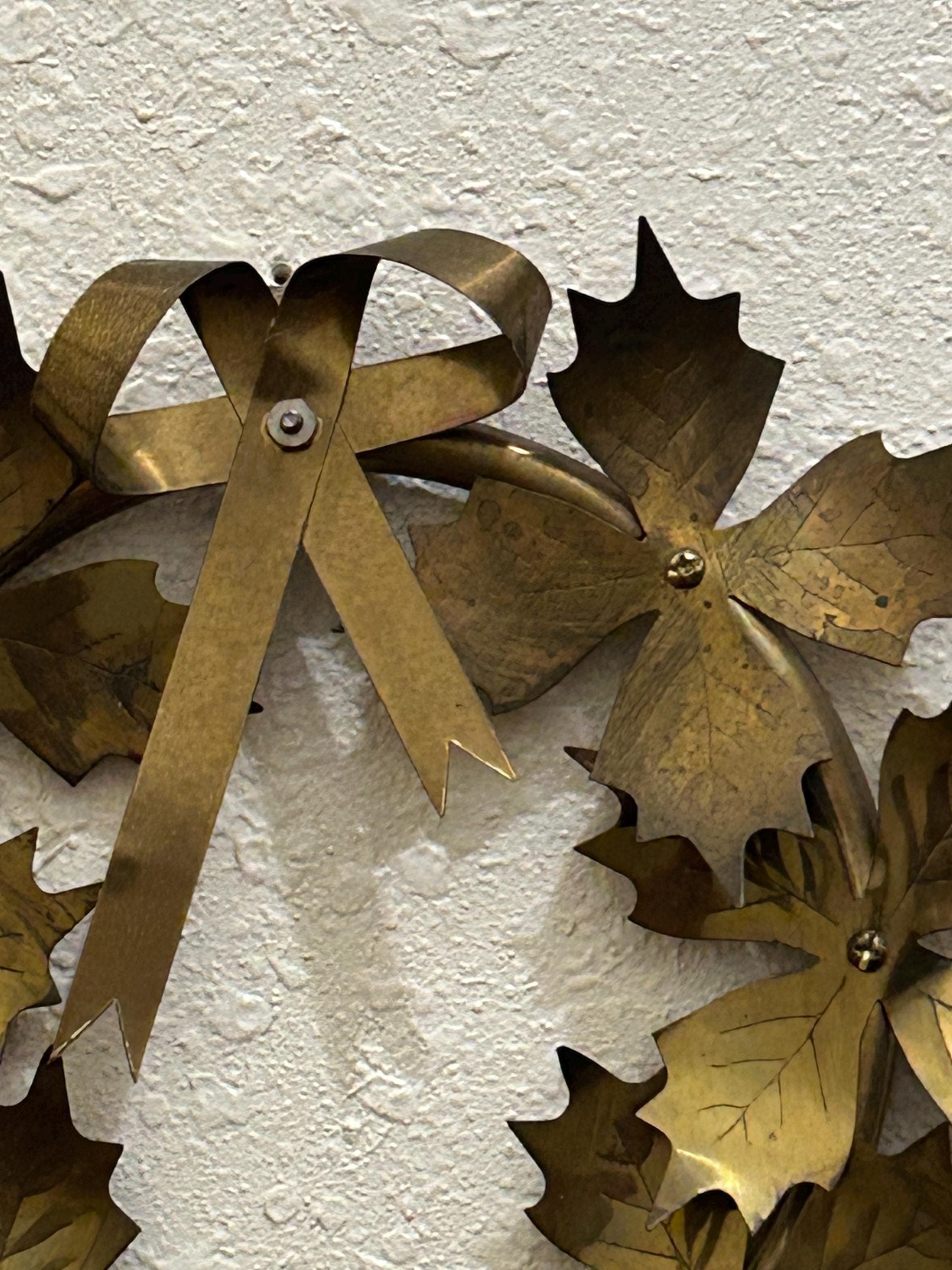 Vintage Brass Leaf Wreath with Hanging Bell 9" - Holiday Decor