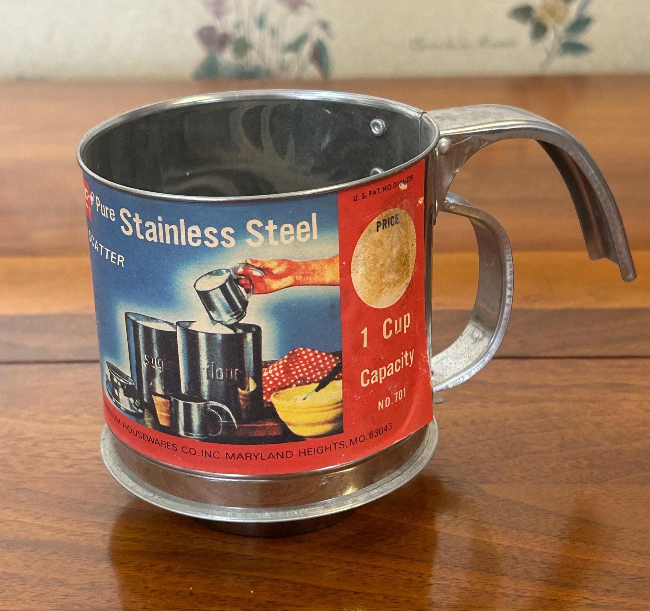 Very Vintage 1 Cup Stainless Steel Flour Sifter- Original Label