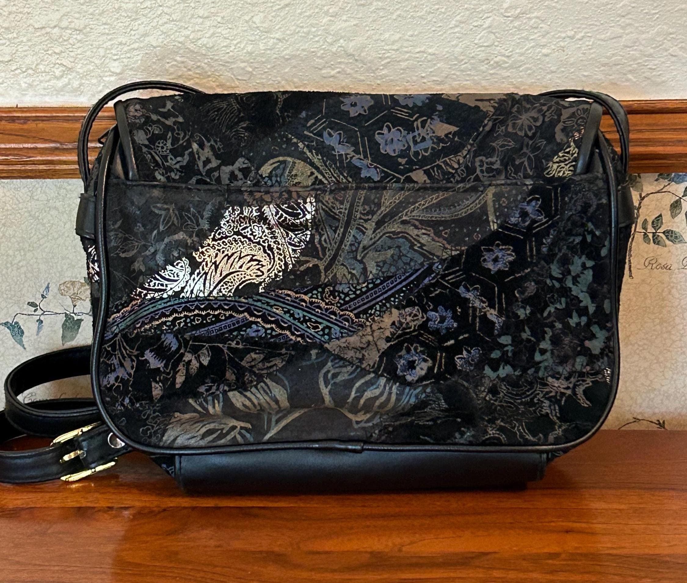Vintage Black Paisley Crossbody Purse - Shiny Suede Mixed Material 9" x 7" Bag