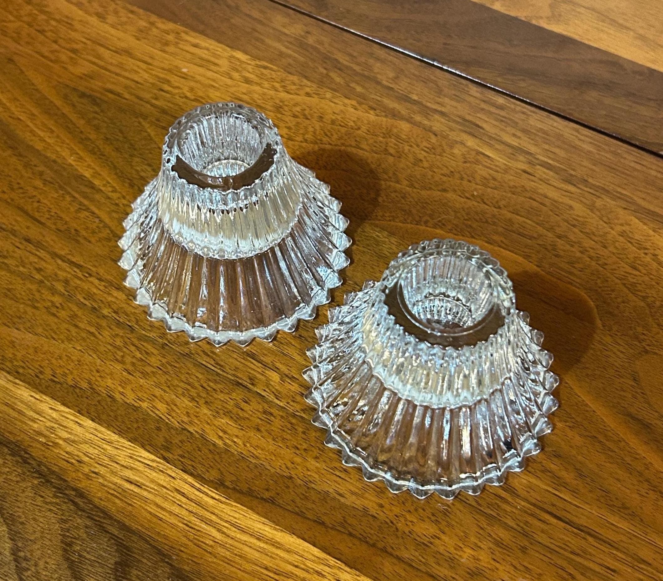 2 Vintage Reversible Glass Candleholders 2" - Ribbed Clear Glass