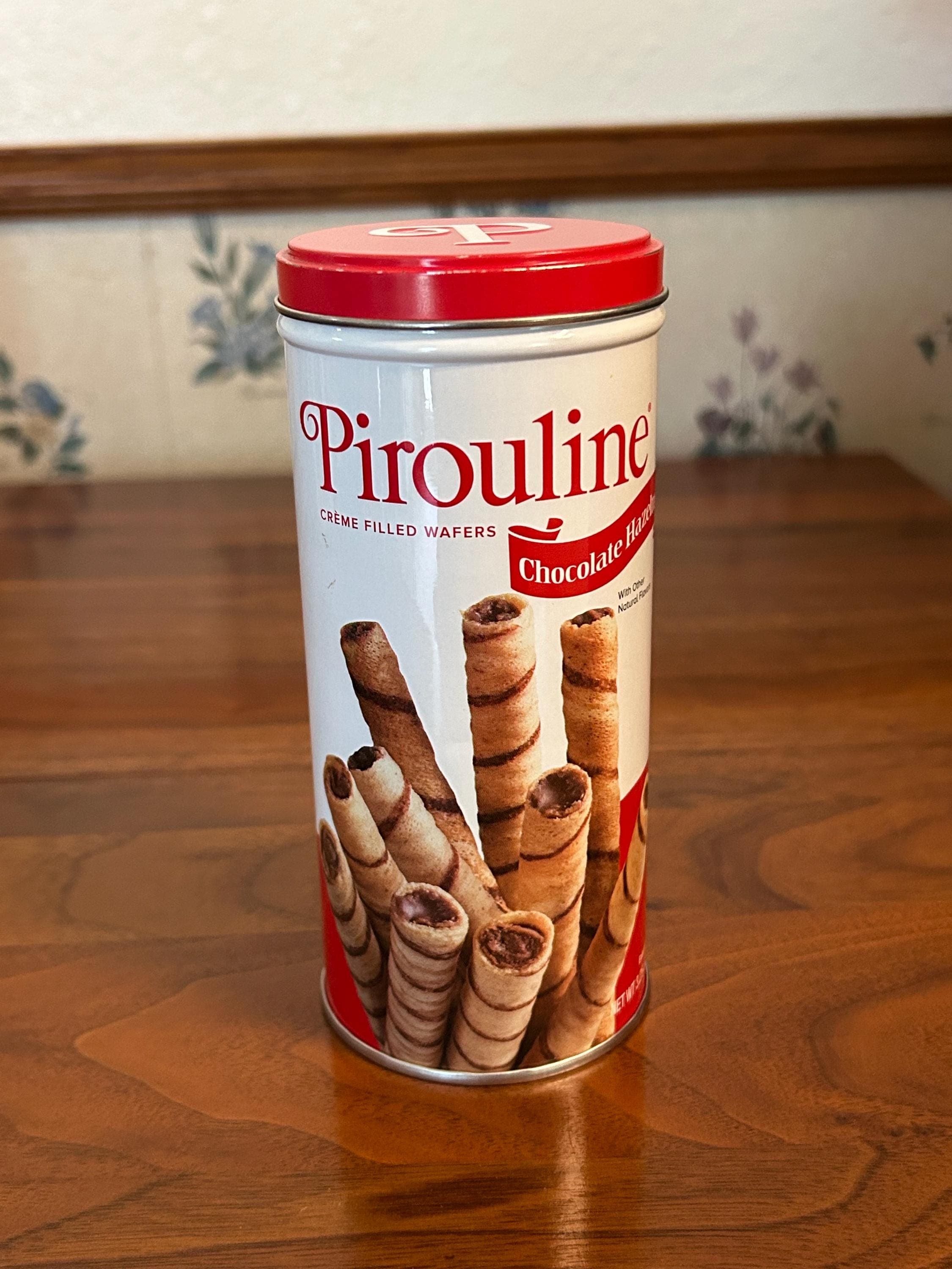 Pirouline Chocolate Hazelnut Wafer Tin 6" Tall - Red Round Cookie Tin