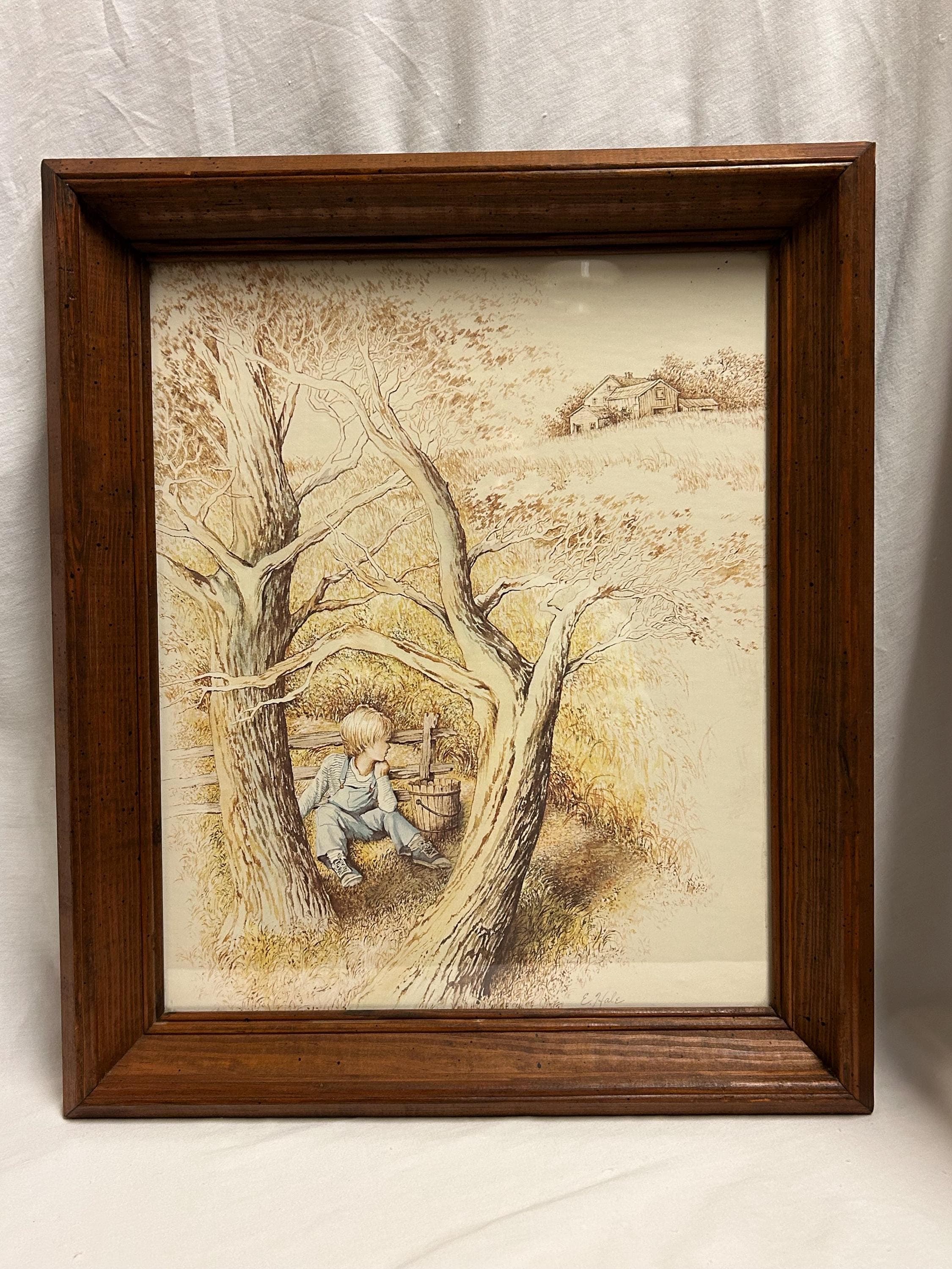 Vintage Framed Print: Boy Under Tree by E. Hale, Home Interiors Art