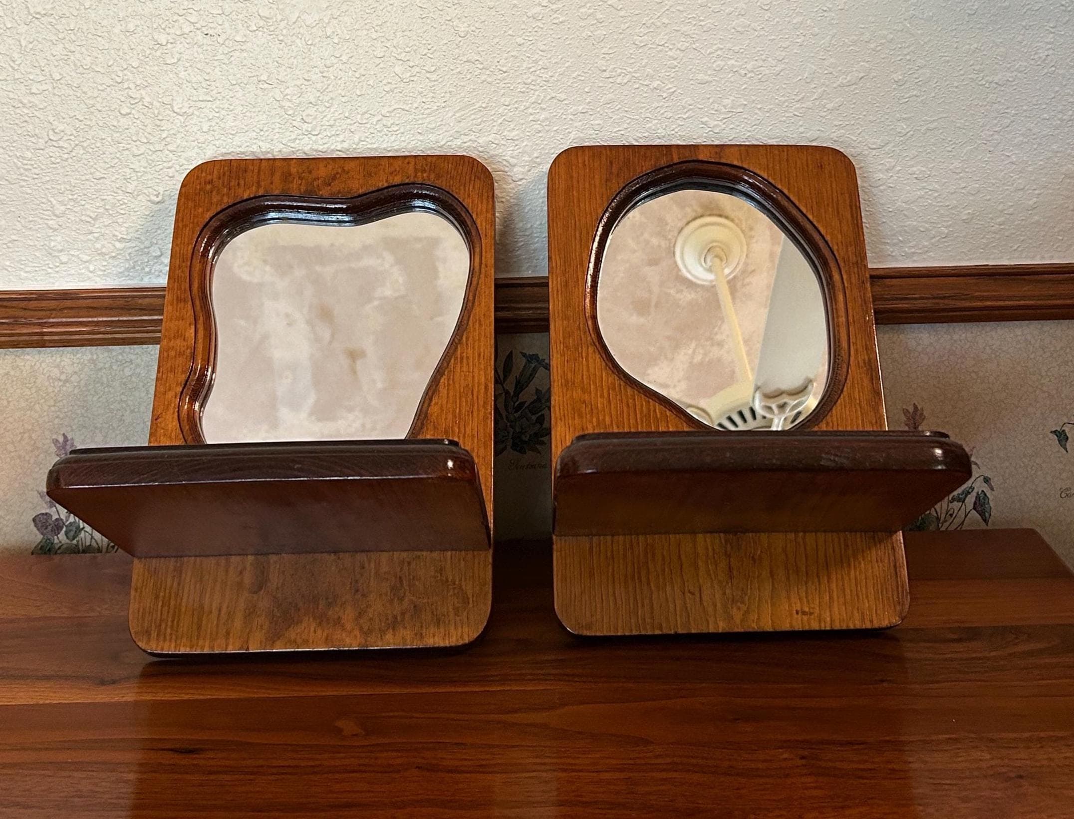 Vintage Wooden Wall Mirrors with Shelves 11" Tall - Curved Rustic Design