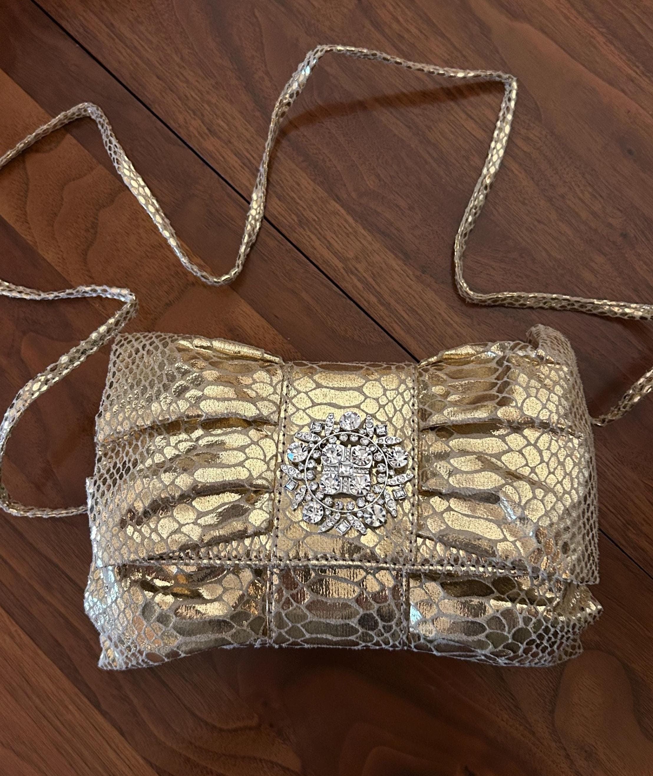 Vintage Iman Gold Metallic Handbag Clutch Crossbody 7" x 5"- Faux Snake Print Brand New