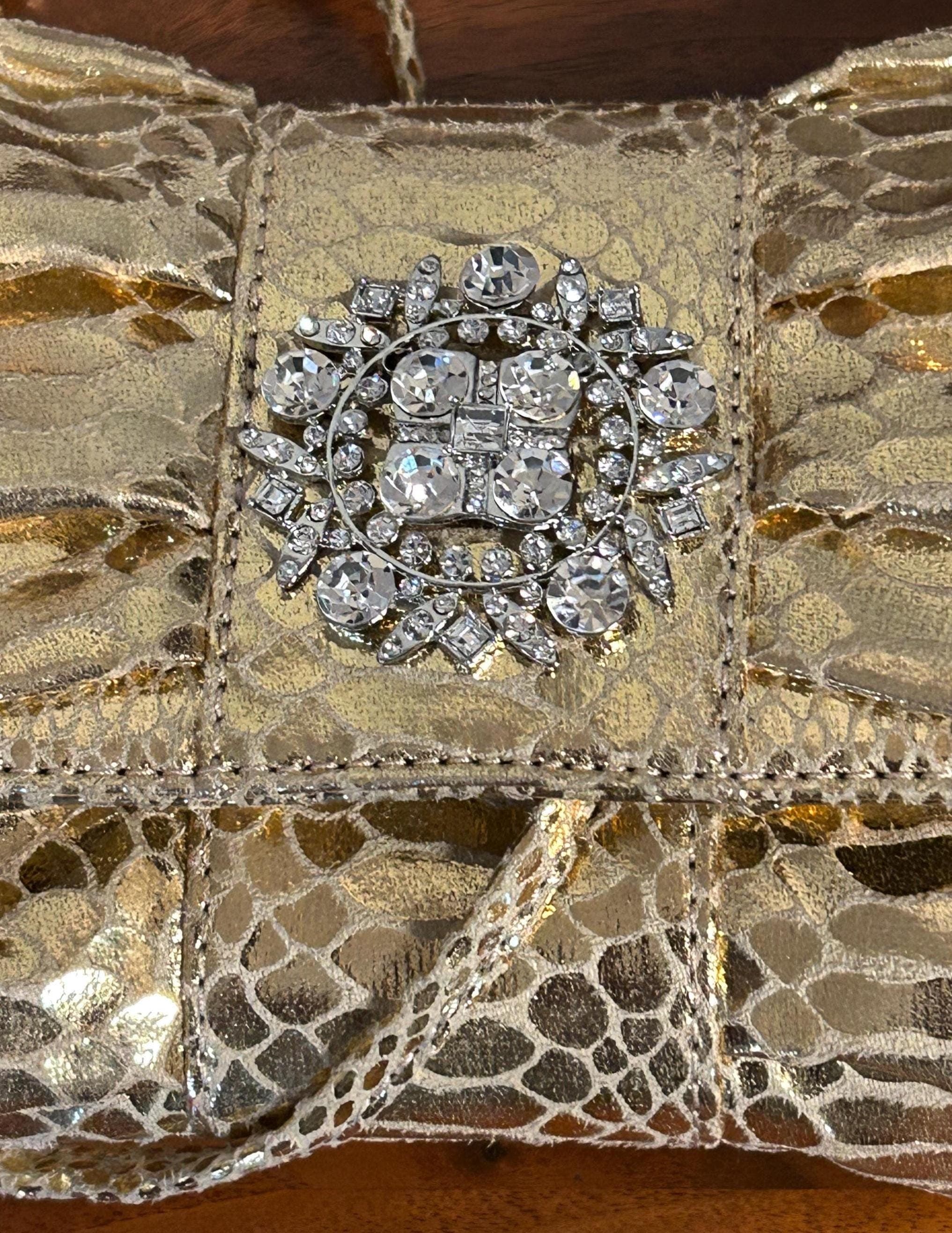 Vintage Iman Gold Metallic Handbag Clutch Crossbody 7" x 5"- Faux Snake Print Brand New