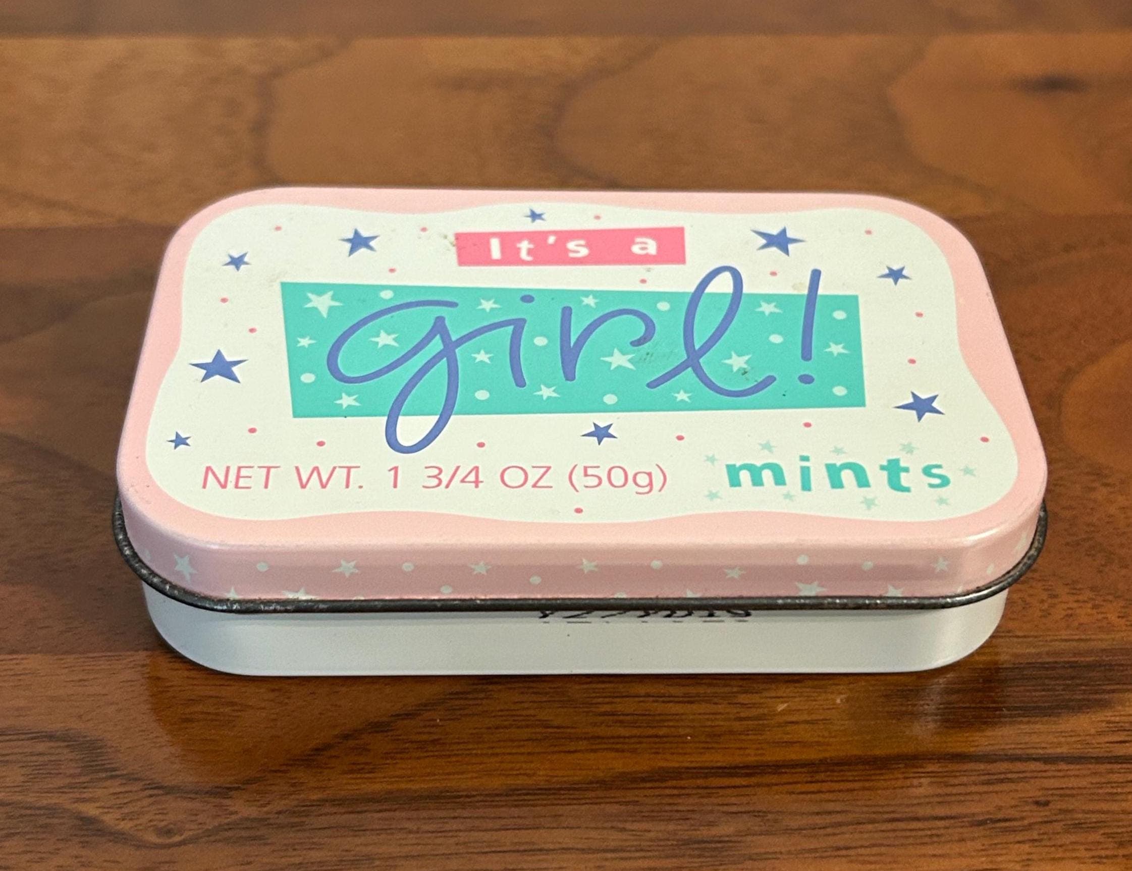 Vintage It's a Girl Mints Tin 3 3/4" - Pink Baby Shower Keepsake