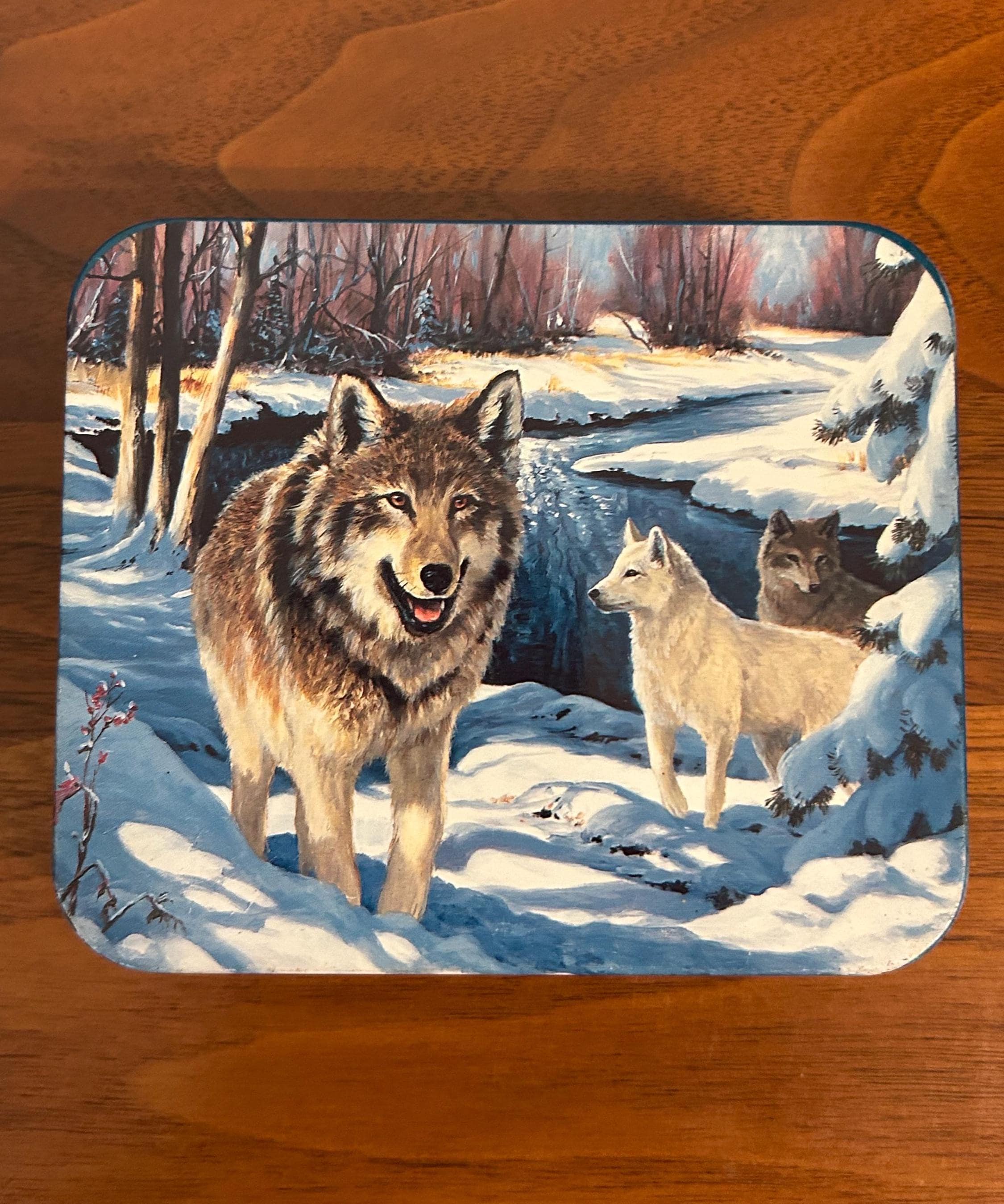 Vintage Wolf Scene Tin Box 4 3/4" - Winter Wolves Metal Storage