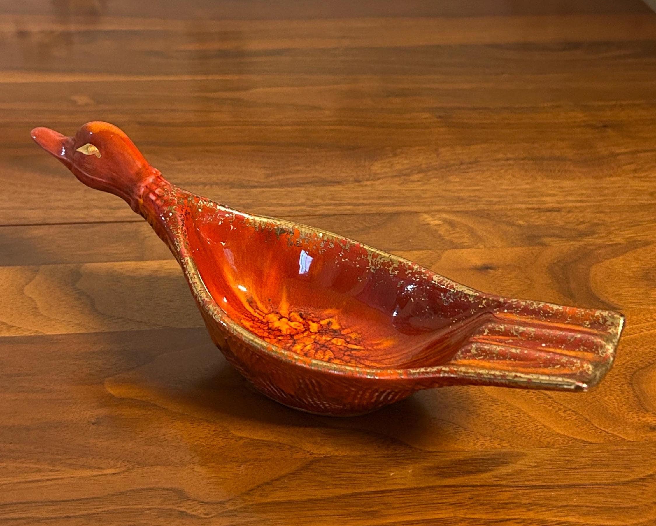 Vintage California Pottery Duck Ashtray Trinket Dish 9 1/2" - Red Drip Glaze 1960's