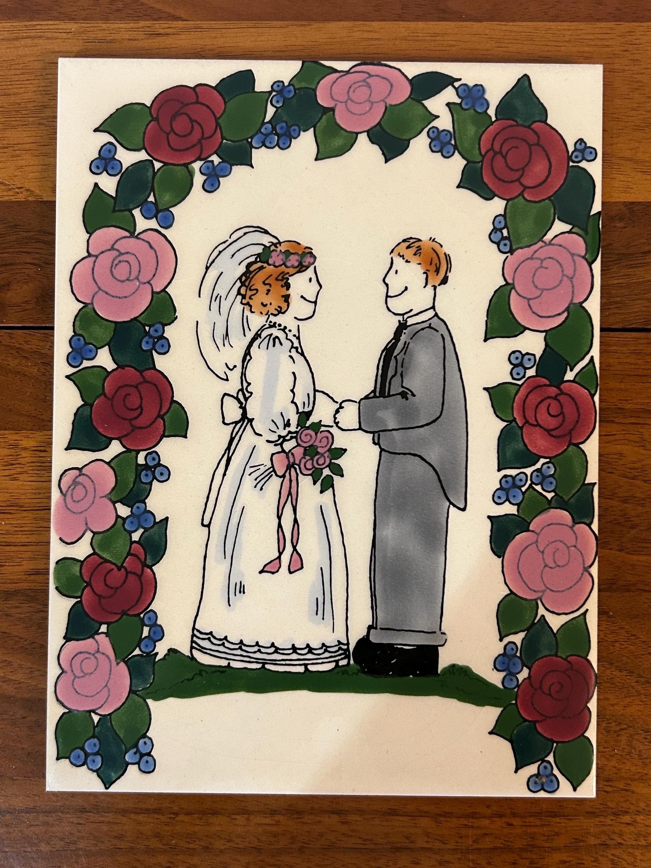 Vintage Ceramic Wedding Plaque - Made in England - Floral Design