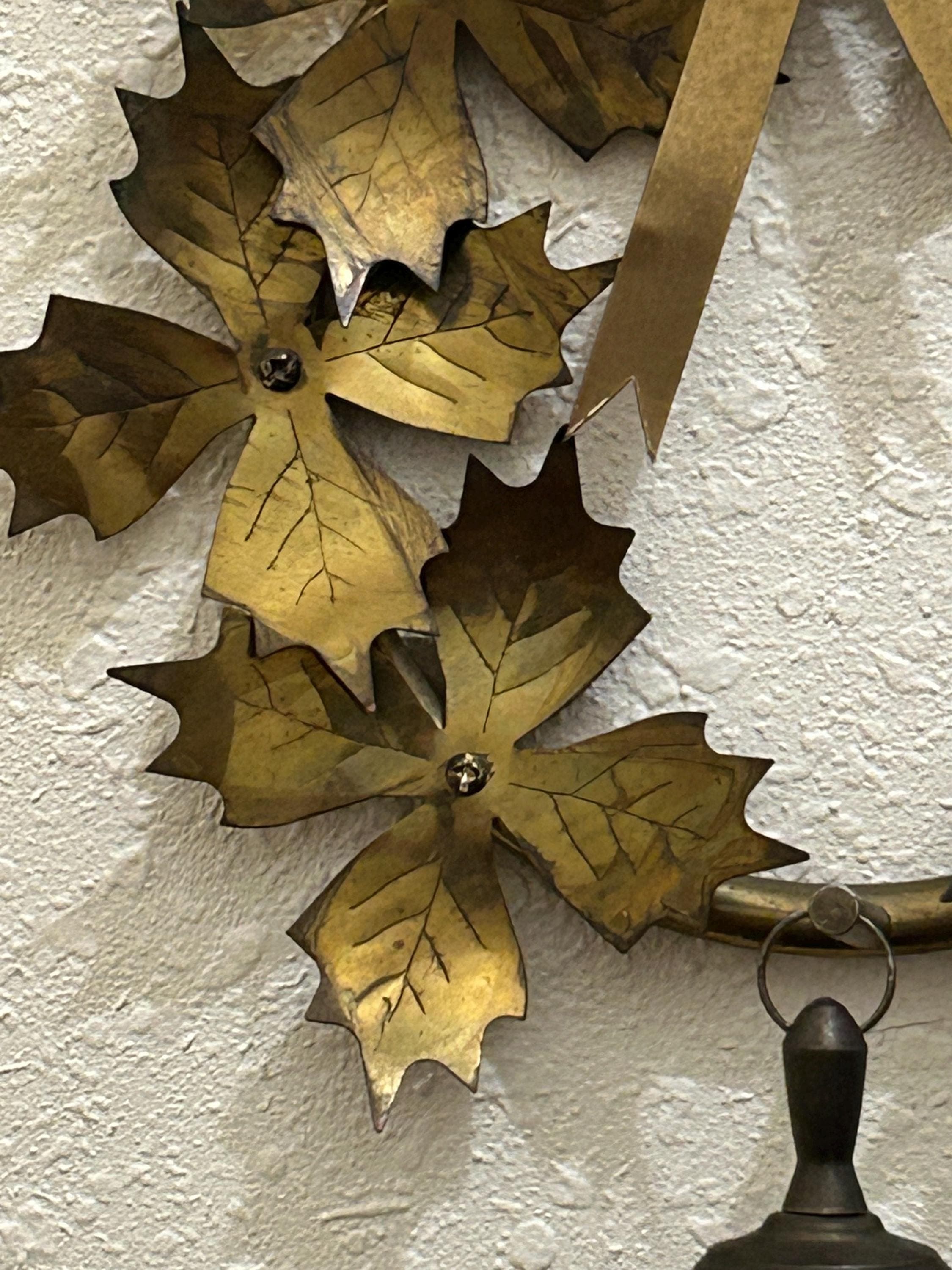 Vintage Brass Leaf Wreath with Hanging Bell 9" - Holiday Decor