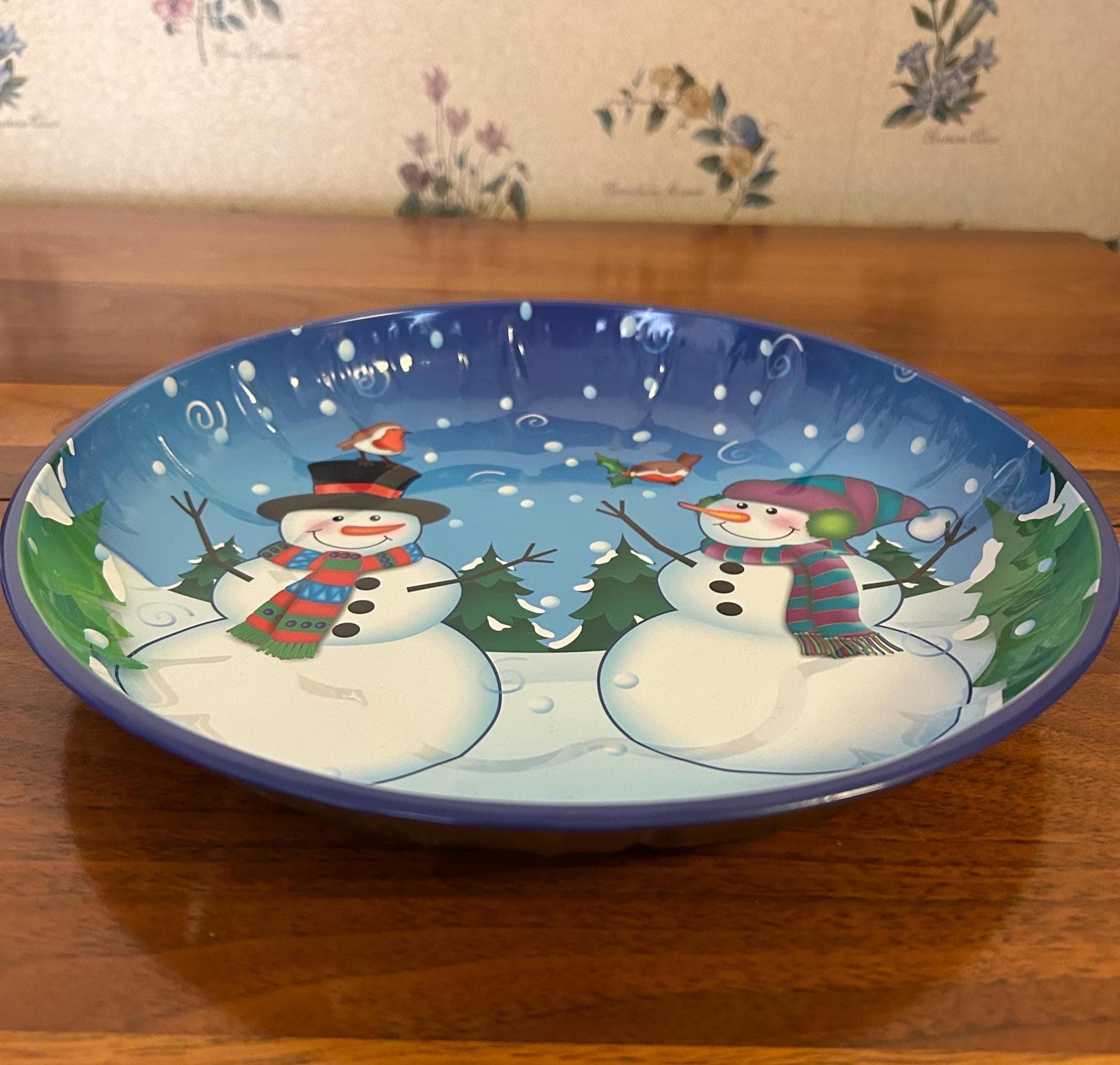 Vintage Christmas Snowman Plate Tin 10" Round - Holiday Storage Container