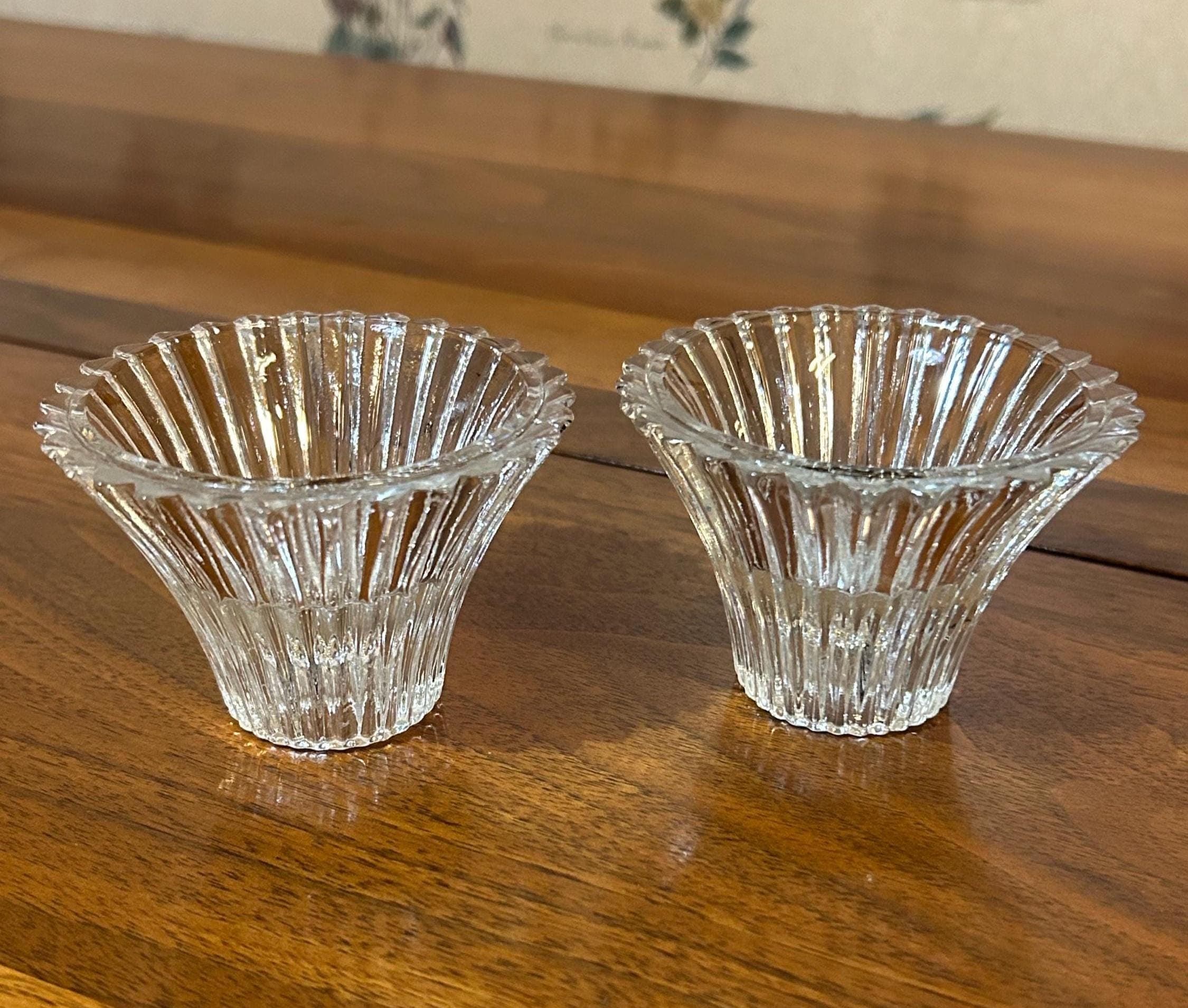 2 Vintage Reversible Glass Candleholders 2" - Ribbed Clear Glass