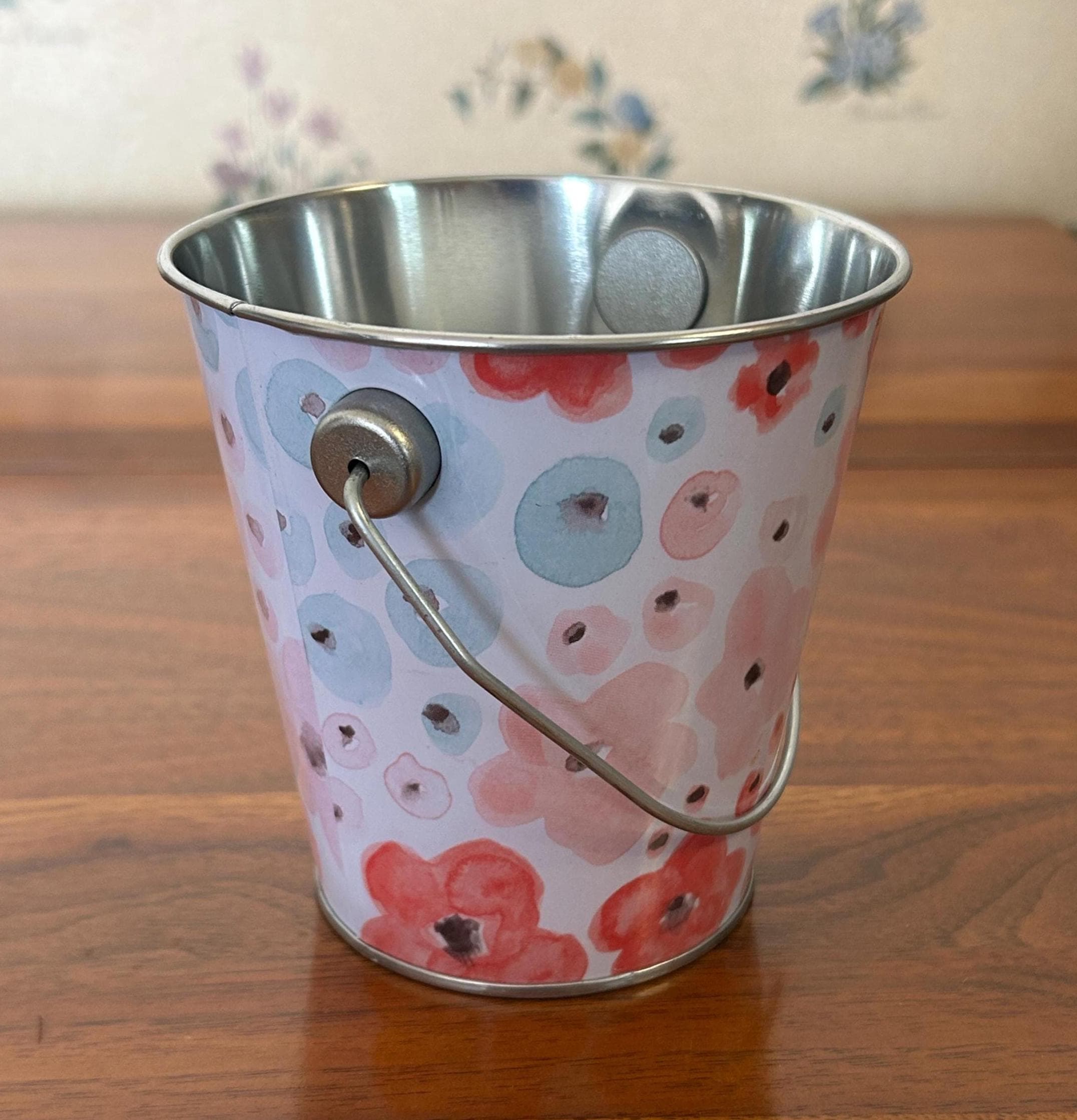 Vintage Floral Bucket Collectible Tin 4" Tall - Metal Storage Container