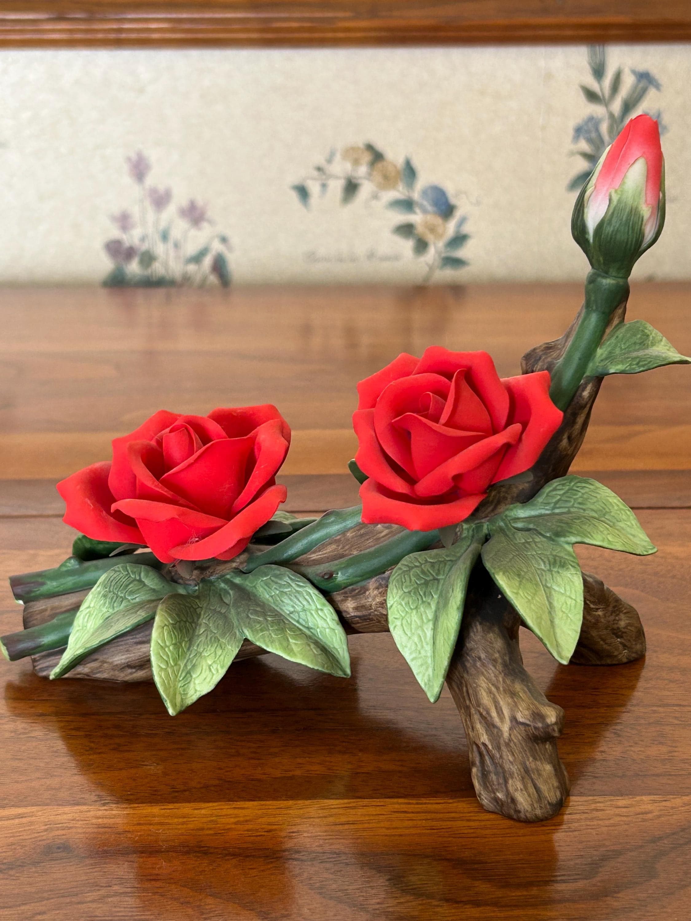 Vintage Andrea by Sadek Red Roses with Bud - Porcelain Floral Sculpture 1997