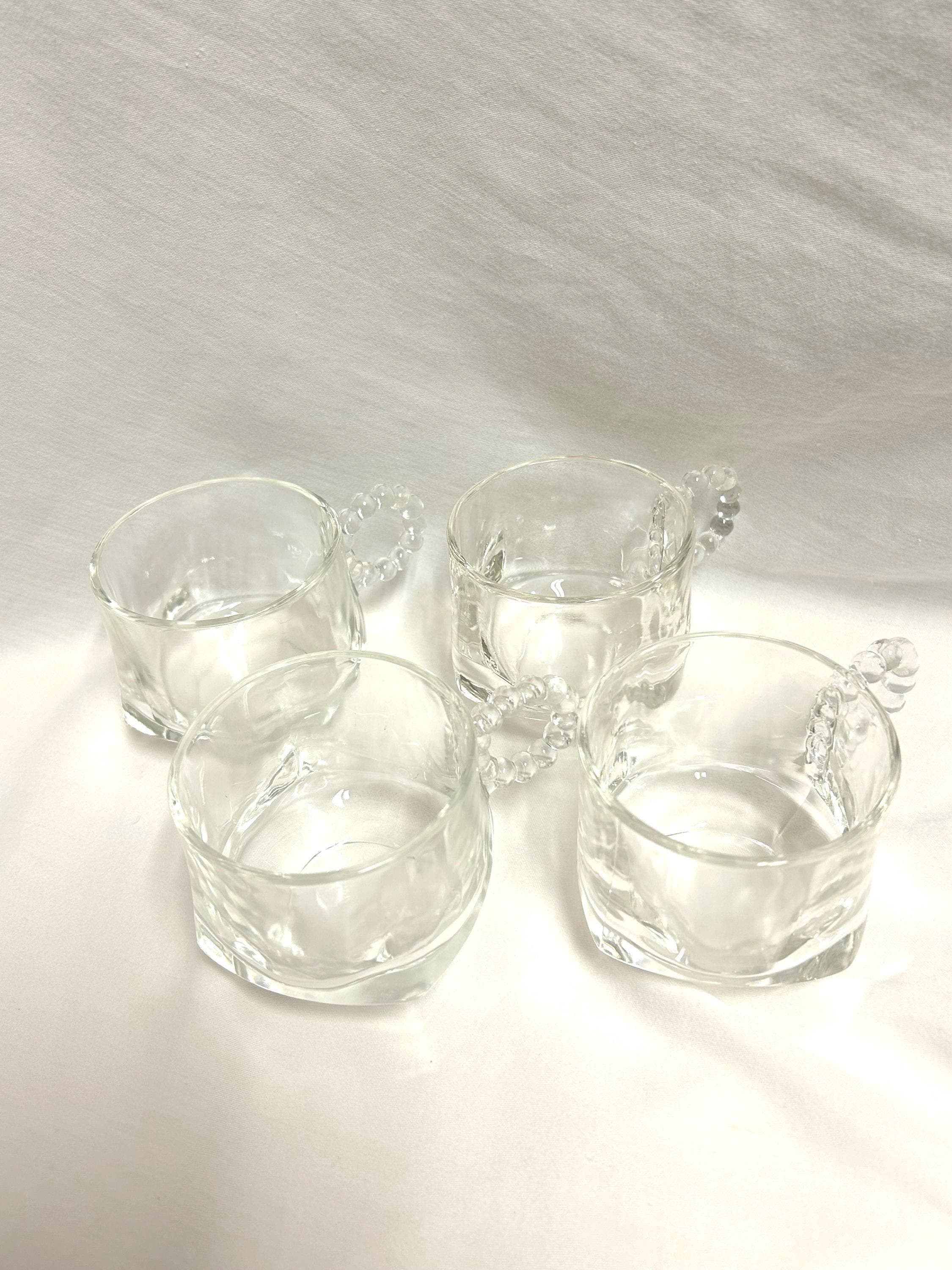 Vintage Hazel Atlas Set of 4 Clear Glass CUPS for eggnog espresso coffee hot chocolate punch 2 1/2" tall Beautiful BEADED HANDLES 1950's