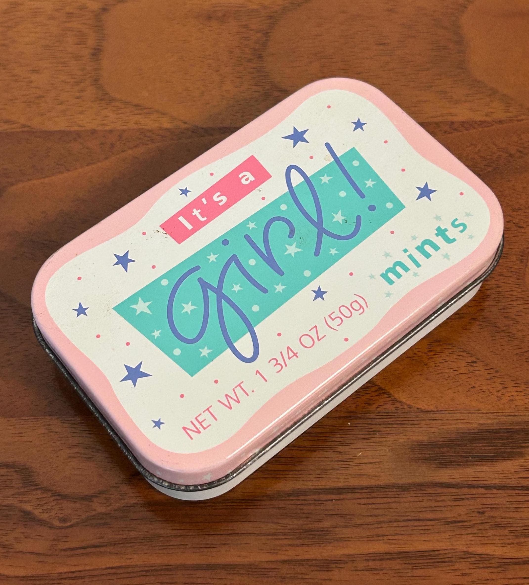 Vintage It's a Girl Mints Tin 3 3/4" - Pink Baby Shower Keepsake