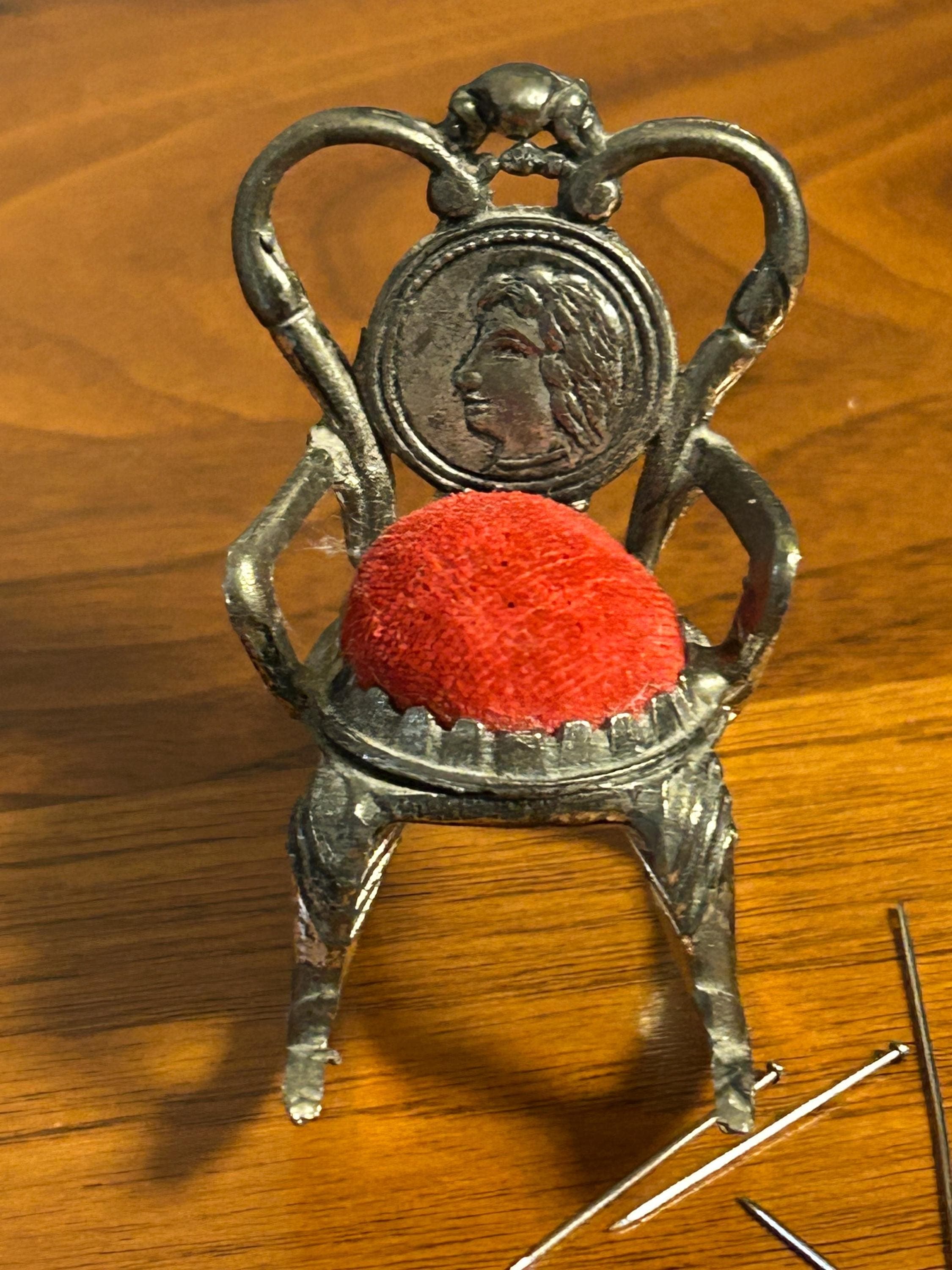 Vintage Miniature Rocking Chair Pin Cushion 2 1/4" - Silver Toned 1970s Sewing Decor