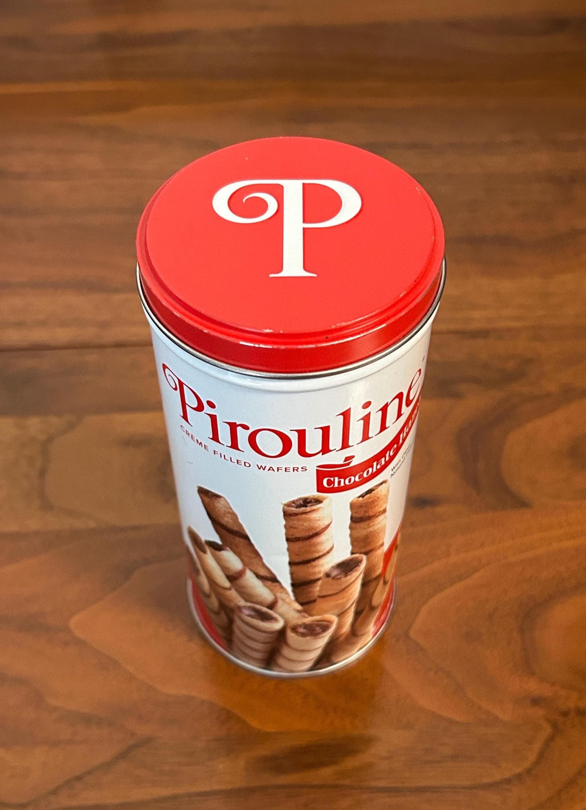 Vintage Prouline Chocolate Hazelnut Wafer Tin 6" Tall - Red Round Cookie Tin