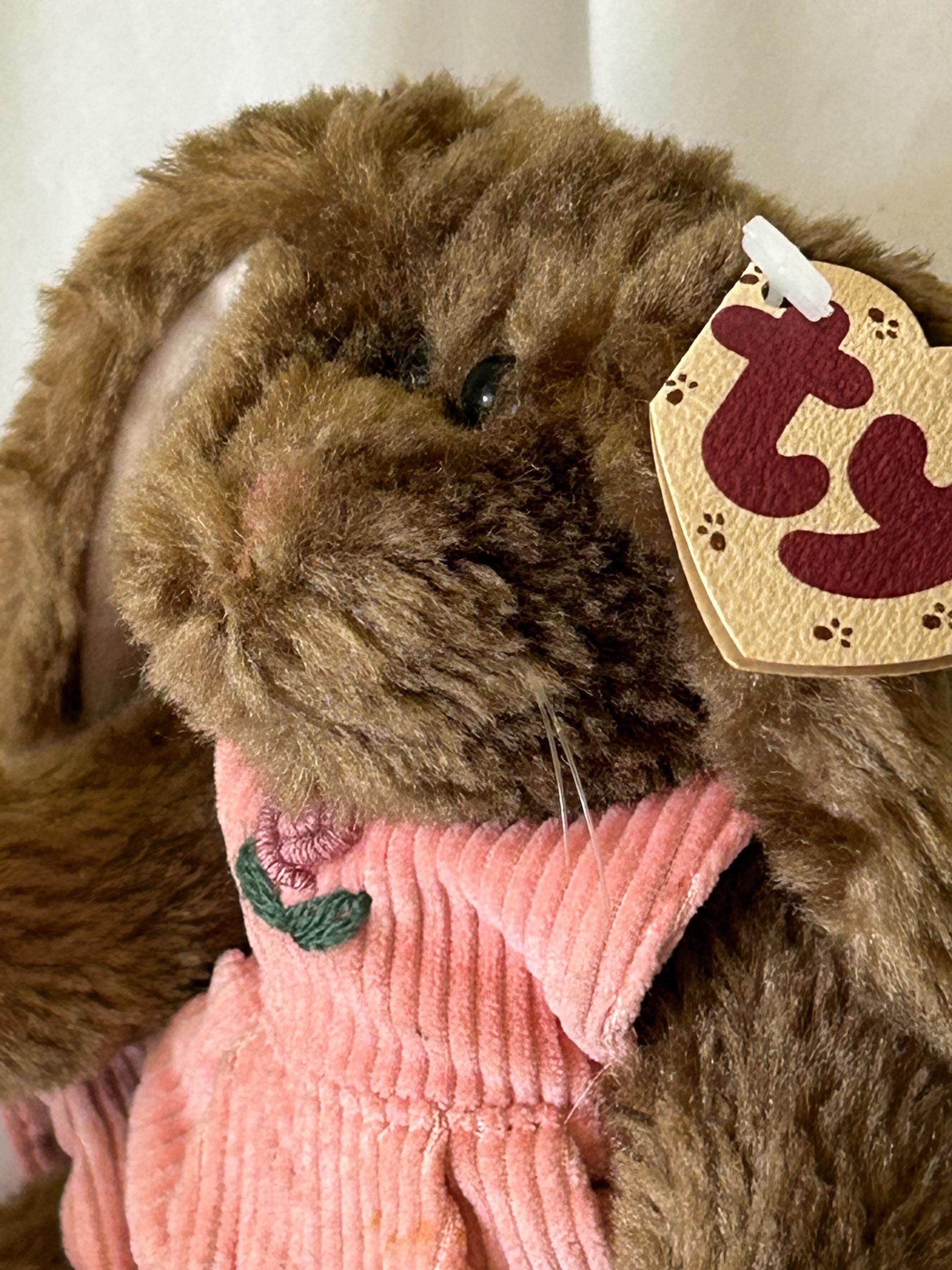 Vintage RARE TY Collectible Bunny - “Rose” - 1993 Brown Plush Rabbit in Pink Corduroy Outfit - Stuffed Animal - Free Shipping