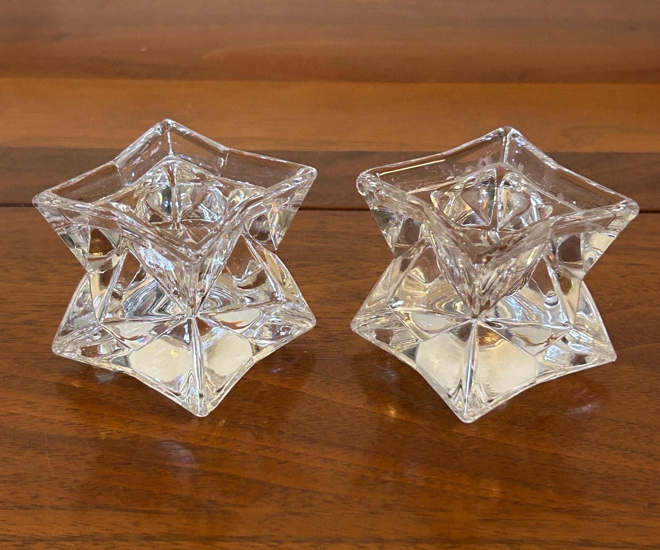 Vintage Pair Cut Glass Candlestick Holders 1 3/4" Tall - unusual shape