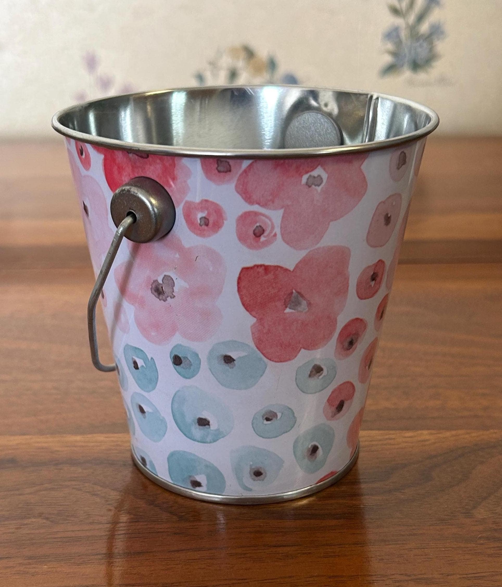 Vintage Floral Bucket Collectible Tin 4" Tall - Metal Storage Container