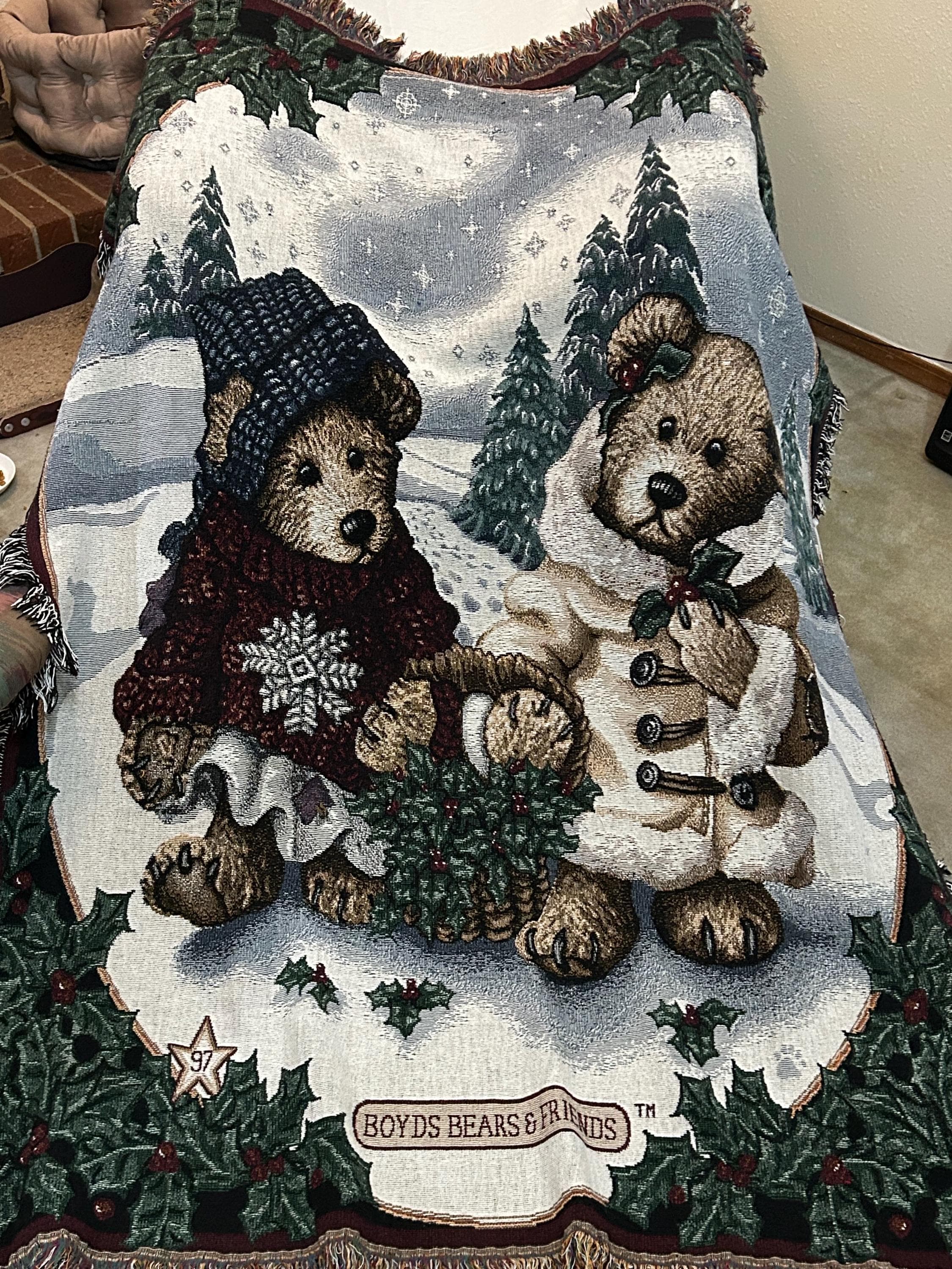 Vintage Boyds Bears Blanket Throw Wall Hanging 68" x 50" Winter Holiday Tapestry