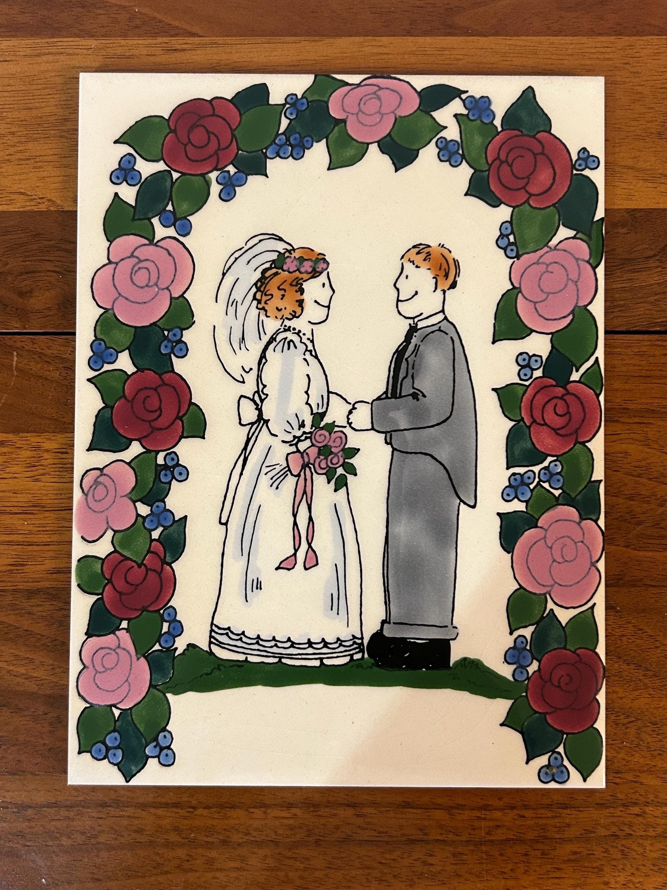 Vintage Ceramic Wedding Plaque - Made in England - Floral Design