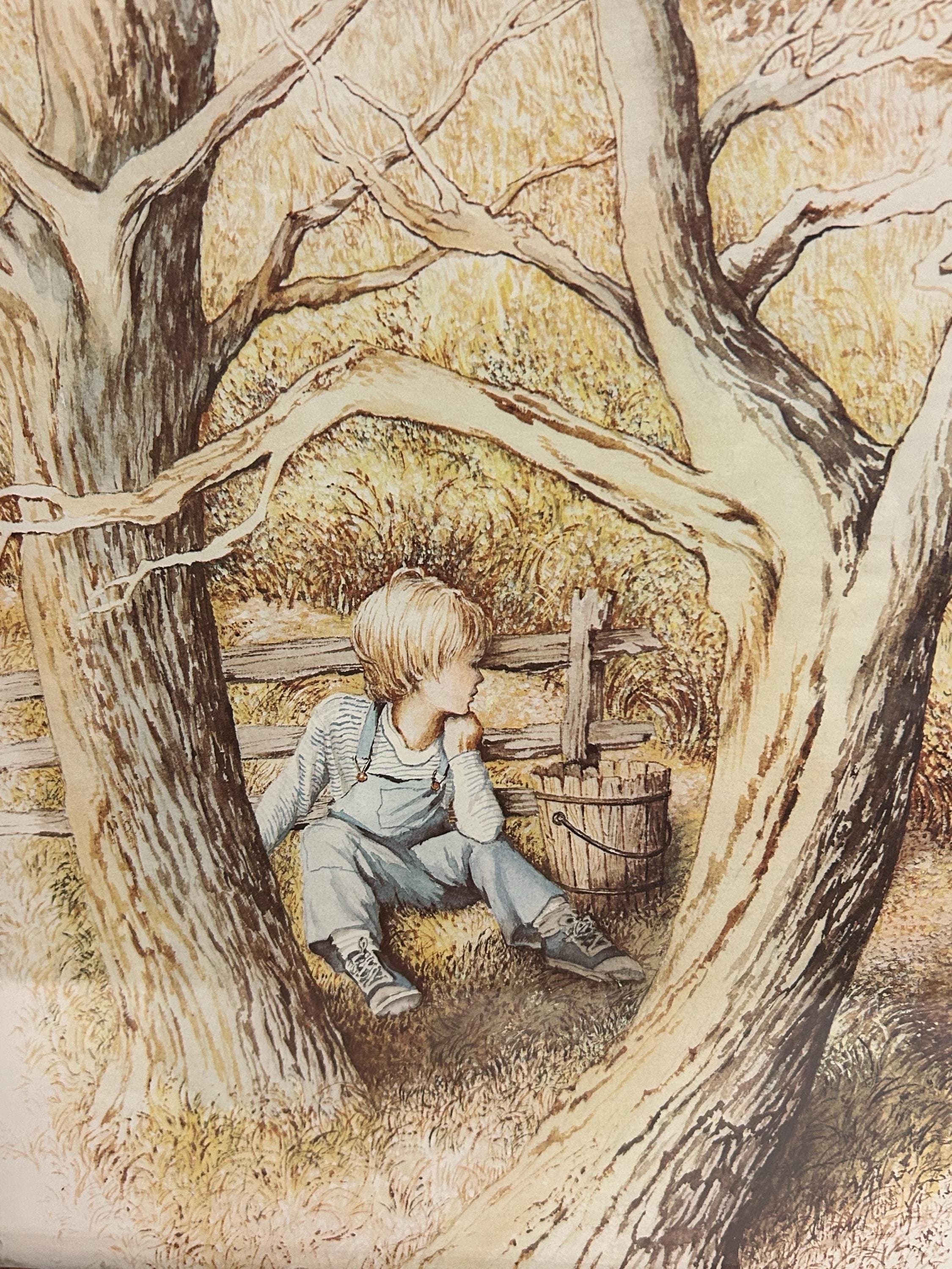 Vintage FRAMED PRINT Home Interiors Art Young Boy under a Tree with a bucket on a Farm by E. Hale 20" tall x 17" wide