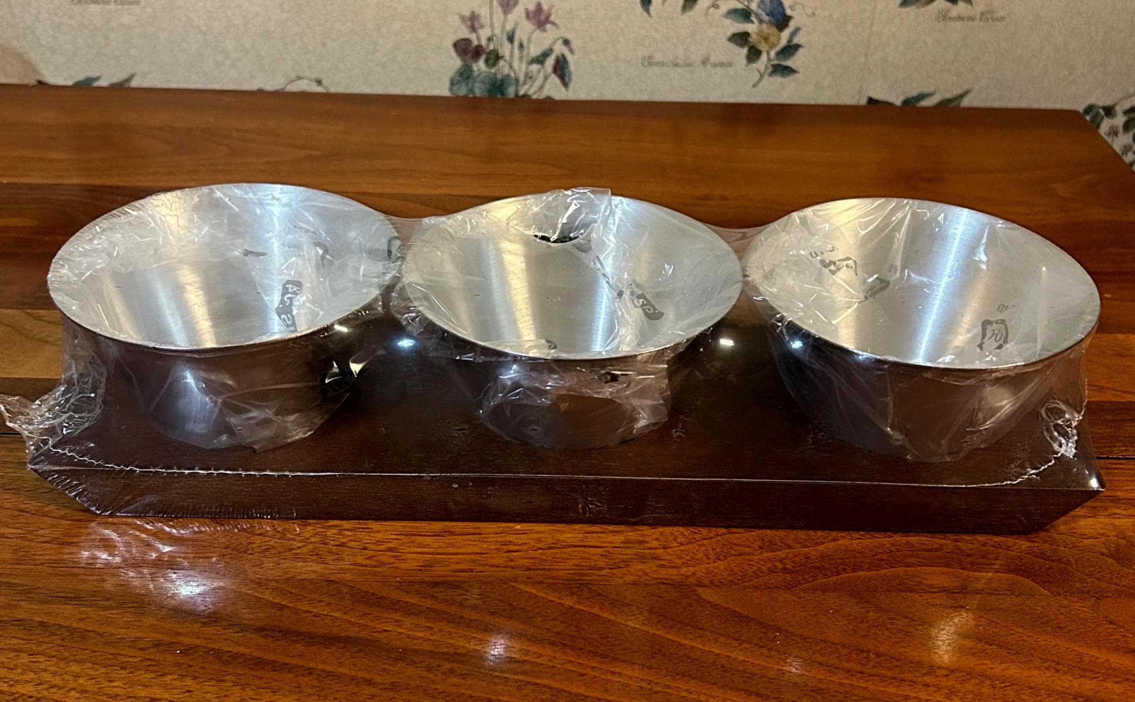 3 Metal Bowls on Wood Serving Tray 15" - Brand New