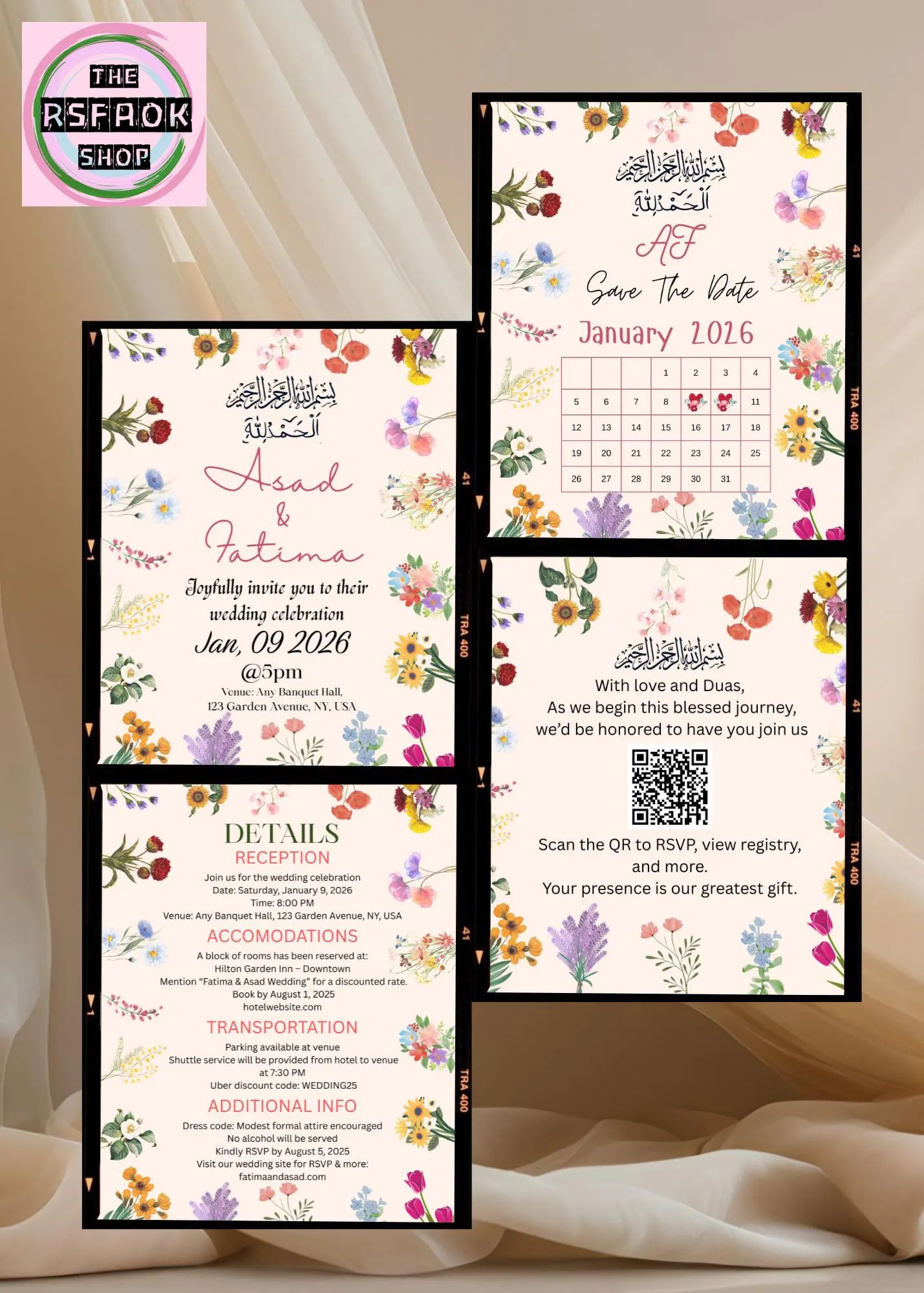 Floral Muslim Wedding Invitation Suite: Editable Canva Templates (Digital Download)