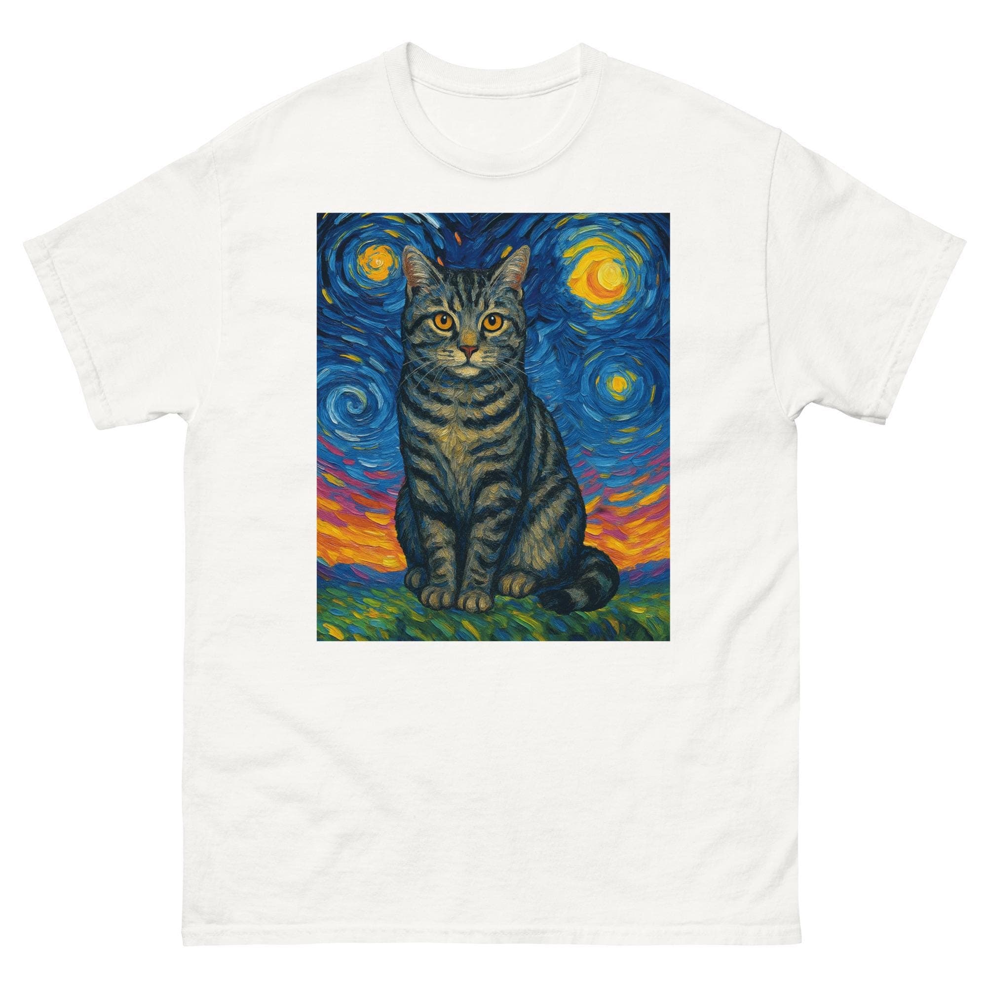Tabby Cat Van Gogh Starry Night Gray Tabby Cat  Classic Silver Mackerel Tabby Feline Art Unisex classic T-Shirt
