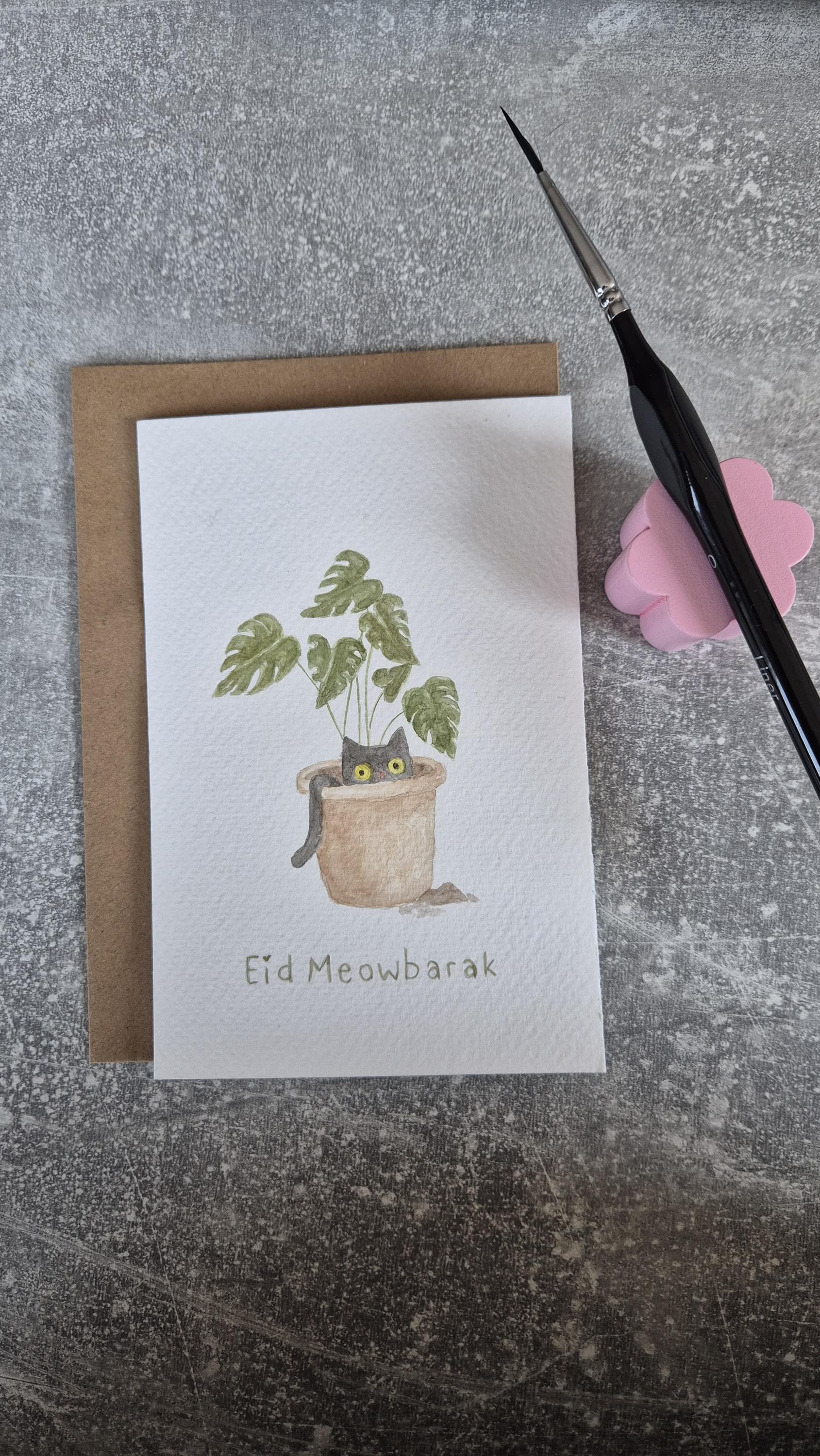 Eid Meowbarak Grußkarte – Handgemaltes Aquarell mit Monstera-Design | Islamische Geschenk | Blumen Kunst Original Eid Ramadan - image 3