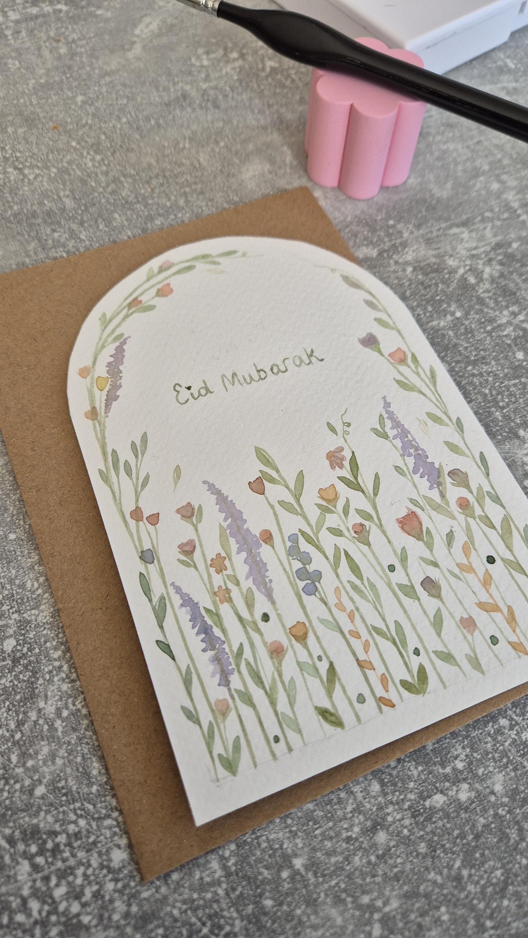 Handgemalte Eid Mubarak Grußkarte mit floralem Aquarell-Design | Islamische Geschenk | Blumen Kunst Original