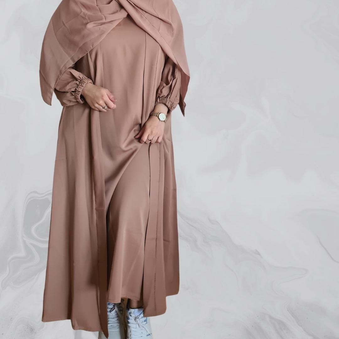 Elegant Open Peach Abaya with Slip Dress, Belt and Hijab - Perfect for Eid, Ramadan, Islamic Fashion, Modest Fashion - image 3