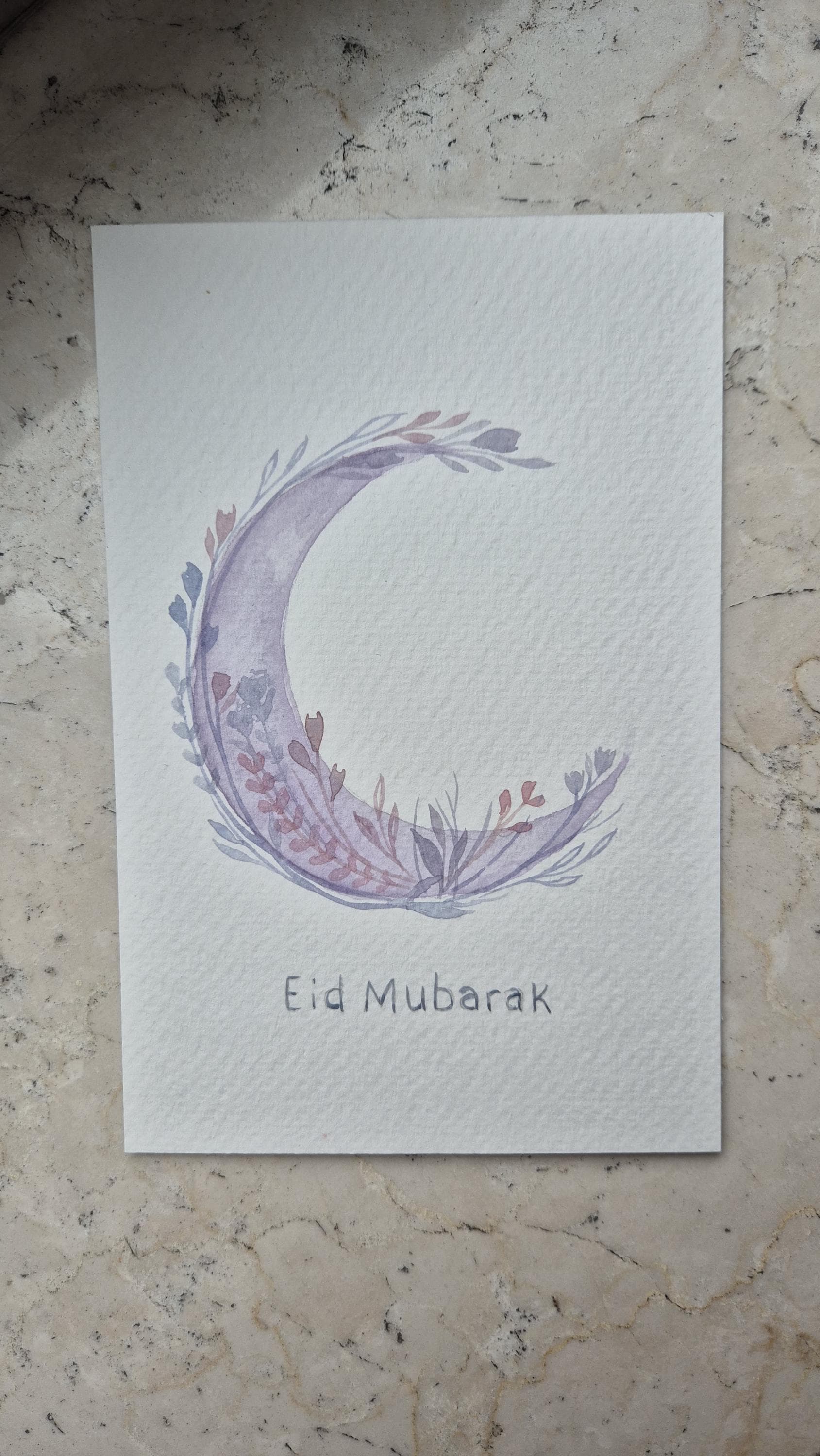 Handgemalte A6 Eid Mubarak Karte – Mond- und Blumen-Aquarell-Design – Einzigartige Islamische Grußkarte - image 4