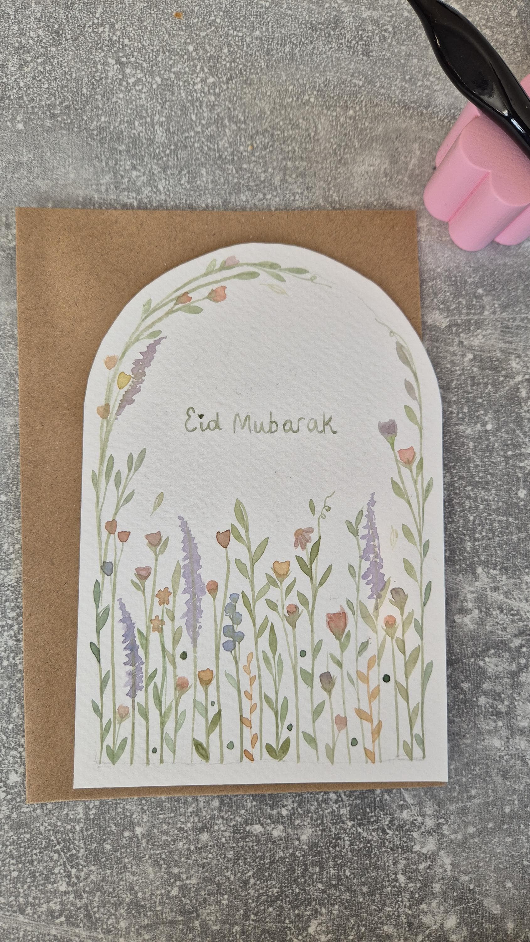 Handgemalte Eid Mubarak Grußkarte mit floralem Aquarell-Design | Islamische Geschenk | Blumen Kunst Original - image 3
