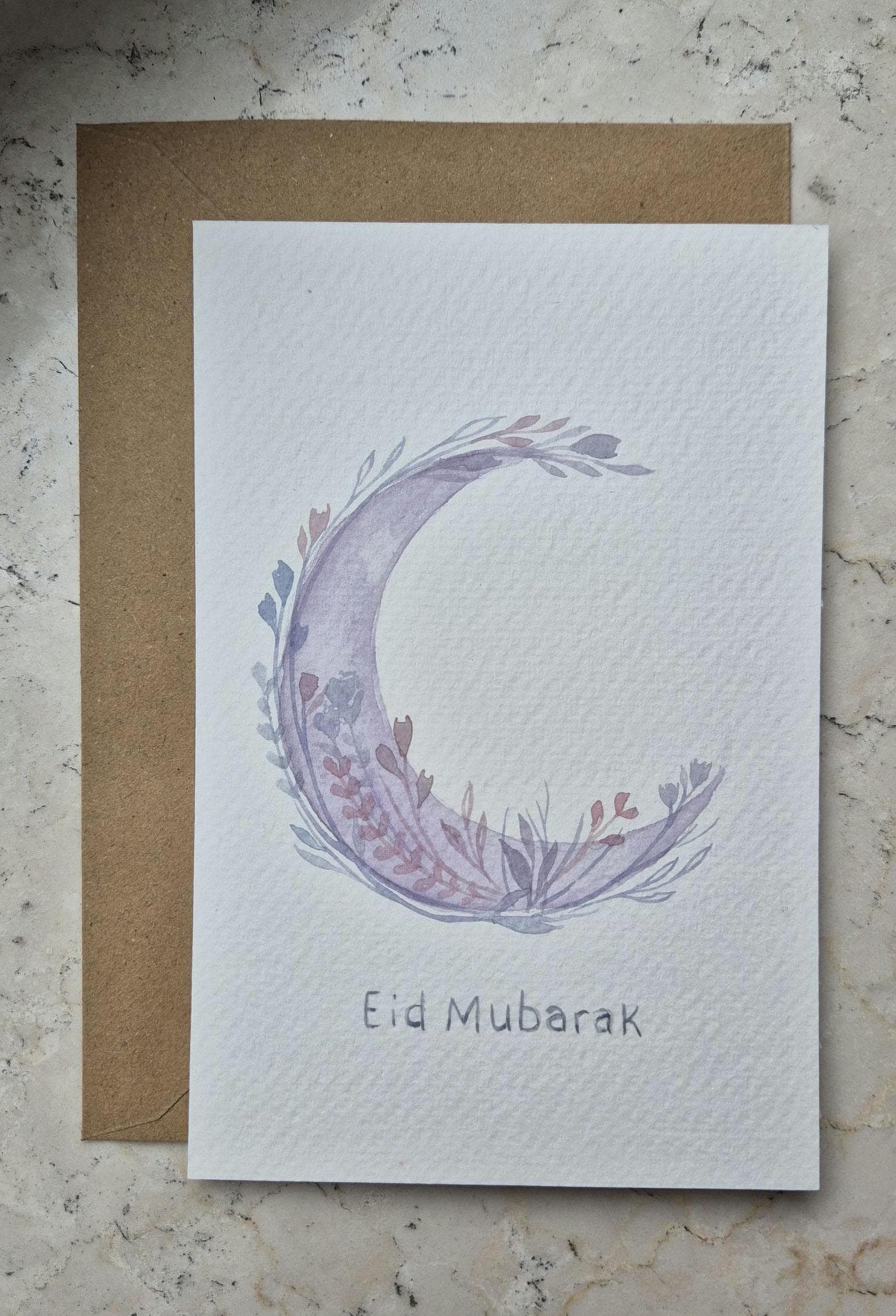 Handgemalte A6 Eid Mubarak Karte – Mond- und Blumen-Aquarell-Design – Einzigartige Islamische Grußkarte - image 3