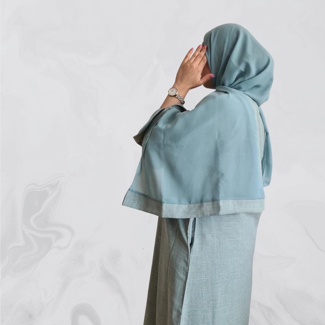 Stilvolle Abaya aus salbeigrünem Leinen mit Taschen und passendem Hijab – Bescheidene Mode, bequem, vielseitig Design | Eid Geschenk - image 3