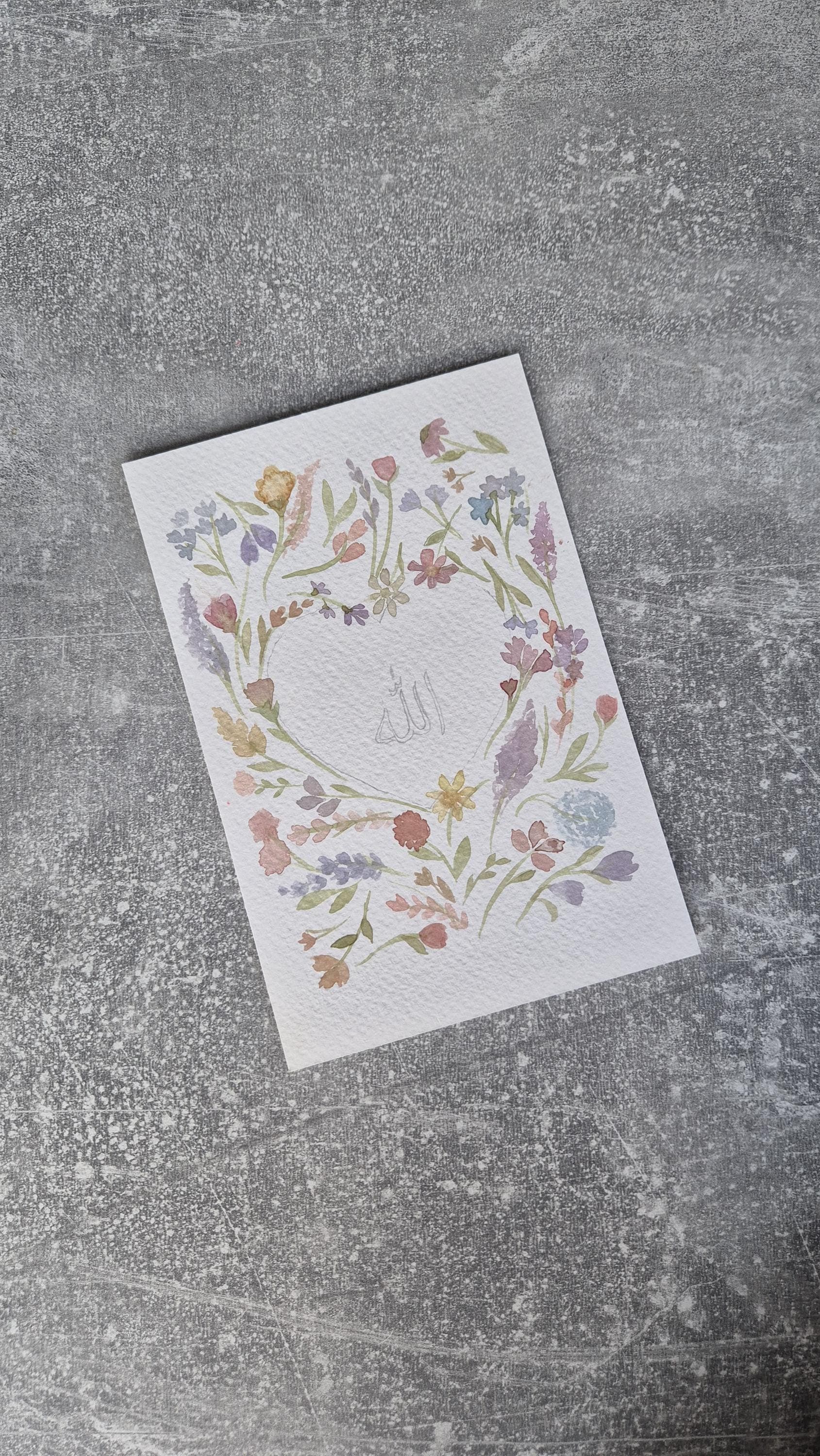 Handgemaltes Aquarellbild "Allah" | Islamische Blumenkunst | Herzförmiges Design |  handgemalter Blumenrahmen | kein Druck | bunte Blumen - image 5