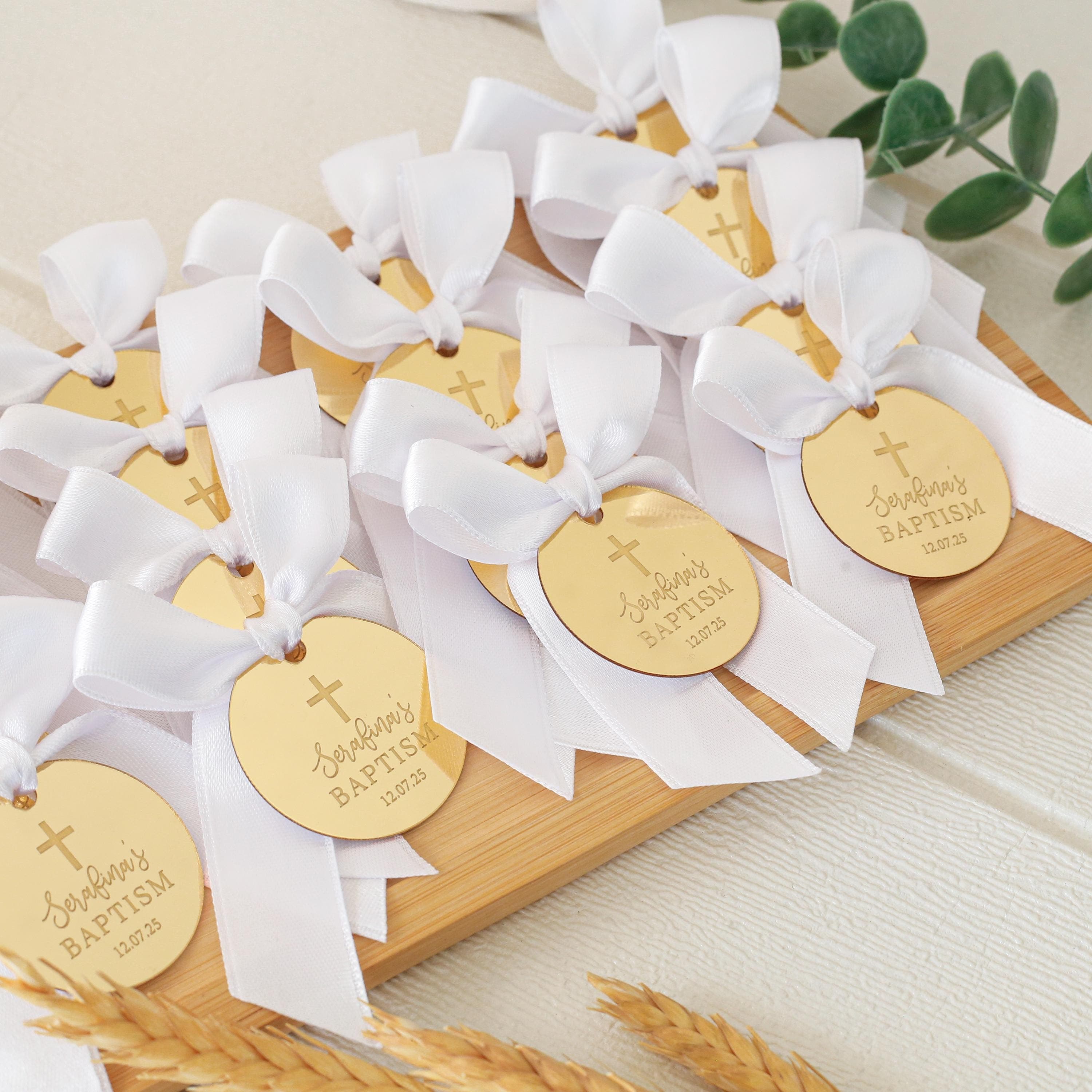 Personalized Gold Mirror Baptism Favor Tag: Wedding Name Tag, Thank you Label, Save the Date Tag, Reception Token, Luxury Tag, Cake Charm