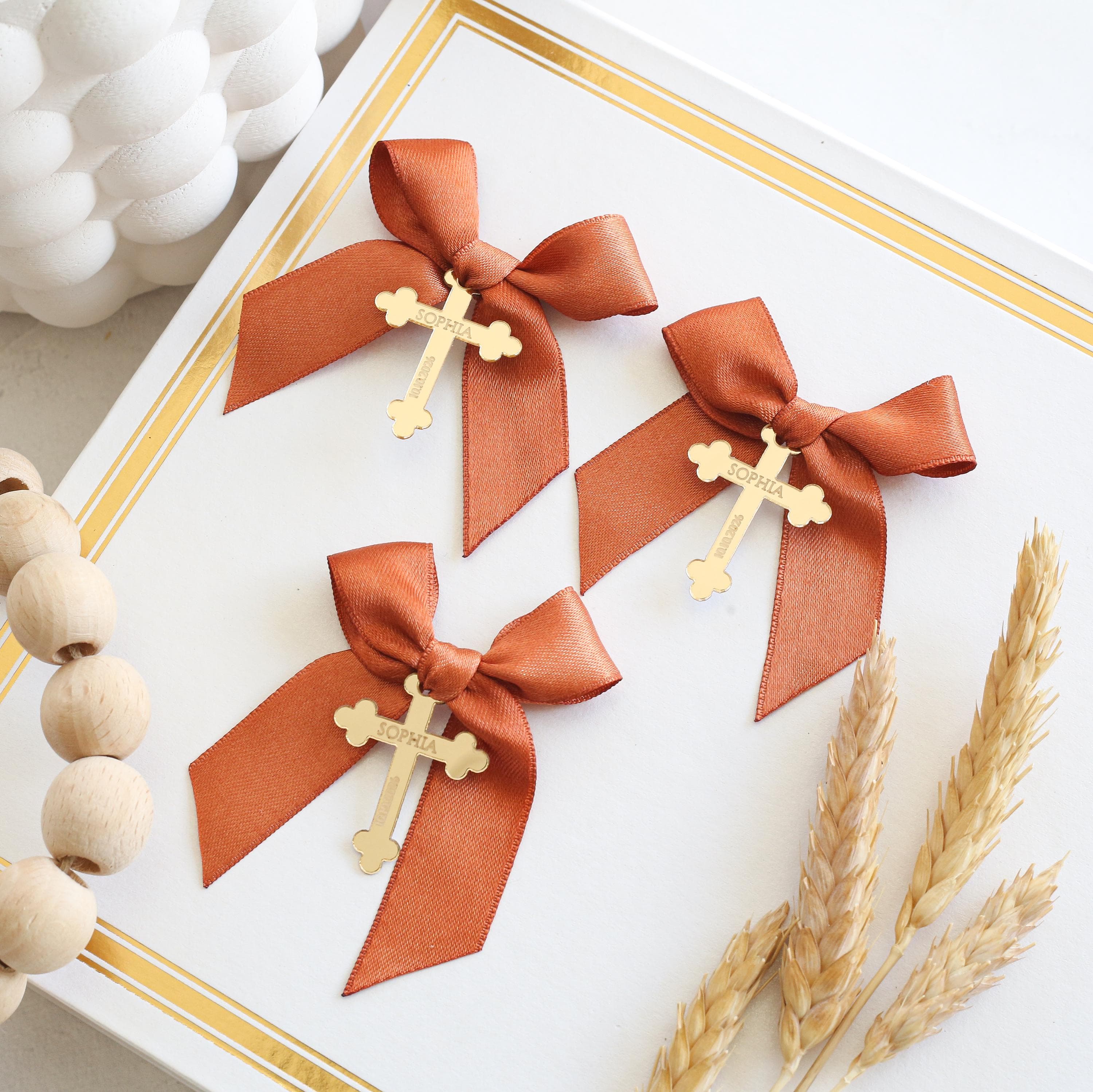 Personalized Gold Acrylic Baptism Favor Tag with Ribbon: Christening, Communion, Confirmación, Primera Comunión , Battesimo , Baptême