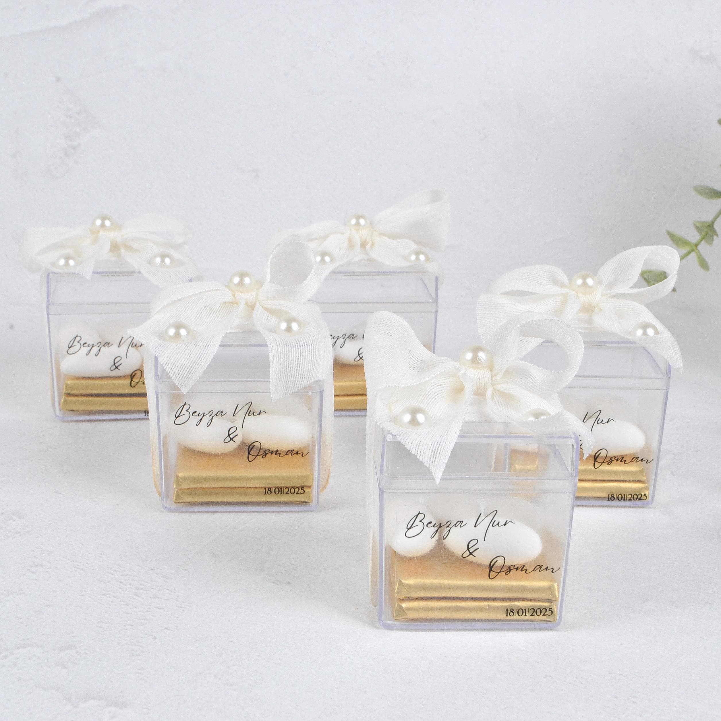 Bulk Chocolate and Almond Candy Favors in Clear Gift Box with Ribbon and Pearls, Elegant Wedding, Engagement, and Event Gifts, Unique Favors - image 3